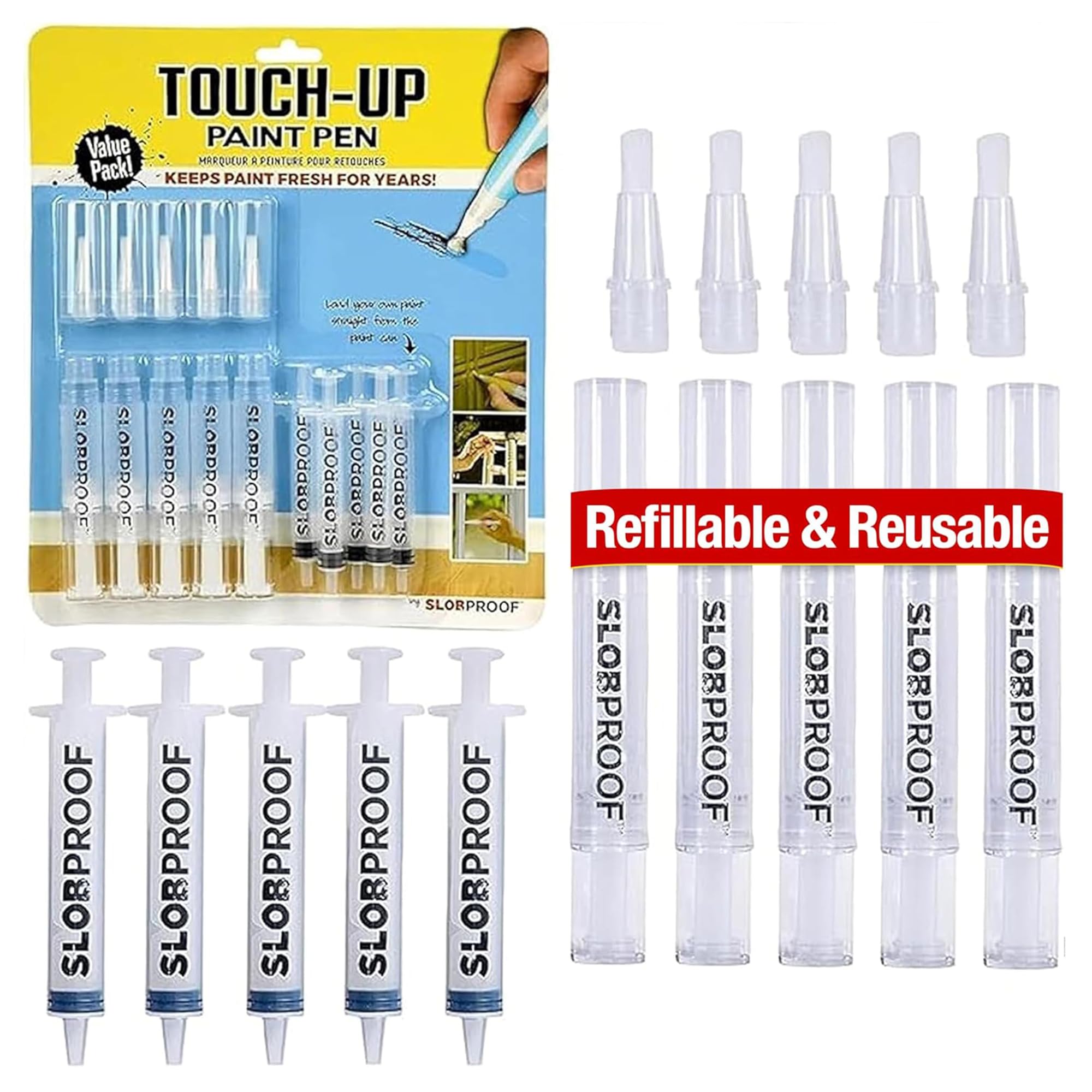 Slobproof presentación frontal del pack de 5 rotuladores, solución compacta para retoques