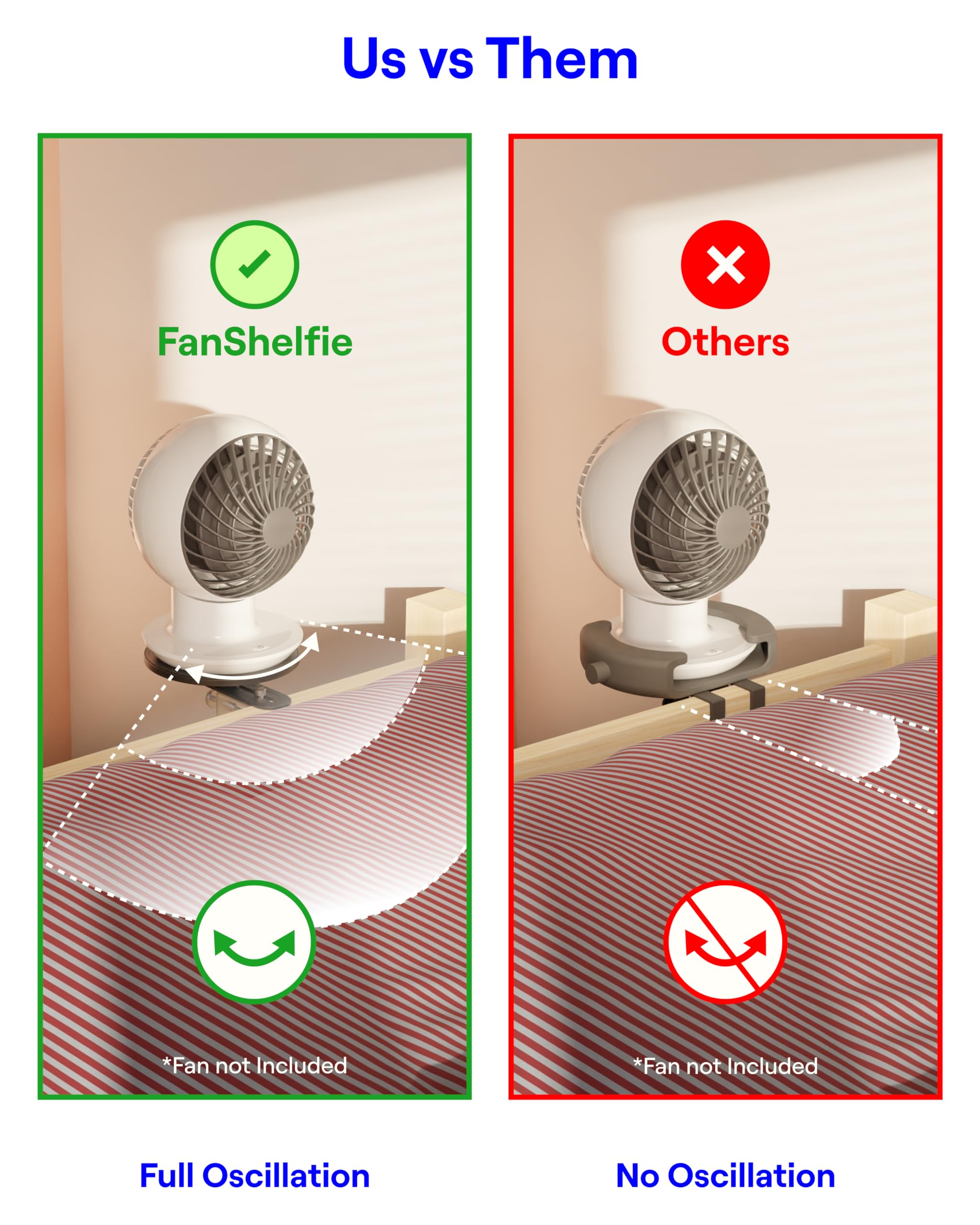 Smallish FanShelfie comparación de tamaño con ventilador estándar para referencia