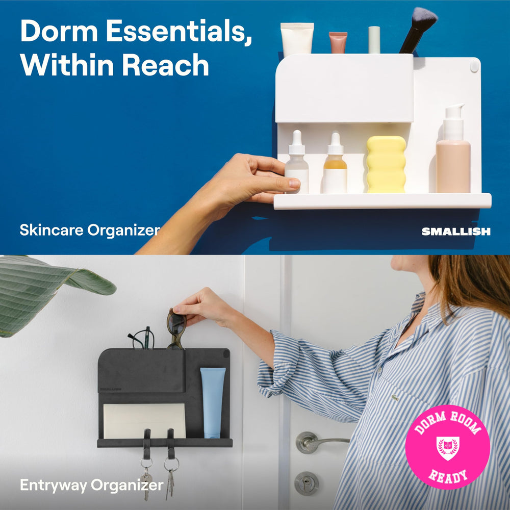 Smallish Wallshelfie en uso sobre cama sosteniendo móvil y lámpara para comodidad