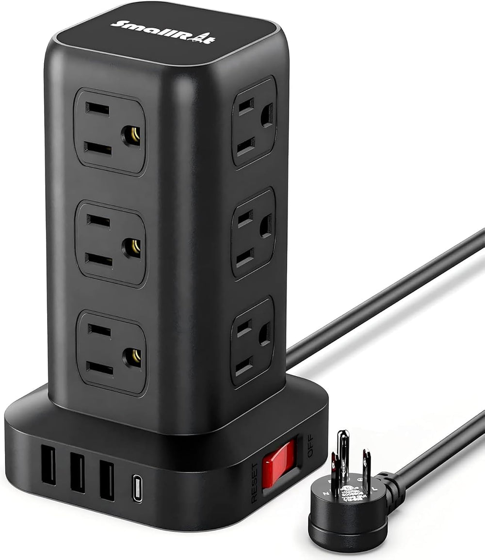 SMALLRT torre frontal mostrando 12 enchufes y 4 puertos USB, facilita organización