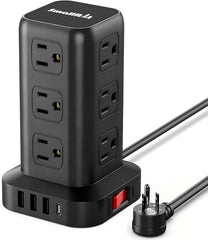 SMALLRT torre frontal mostrando 12 enchufes y 4 puertos USB, facilita organización