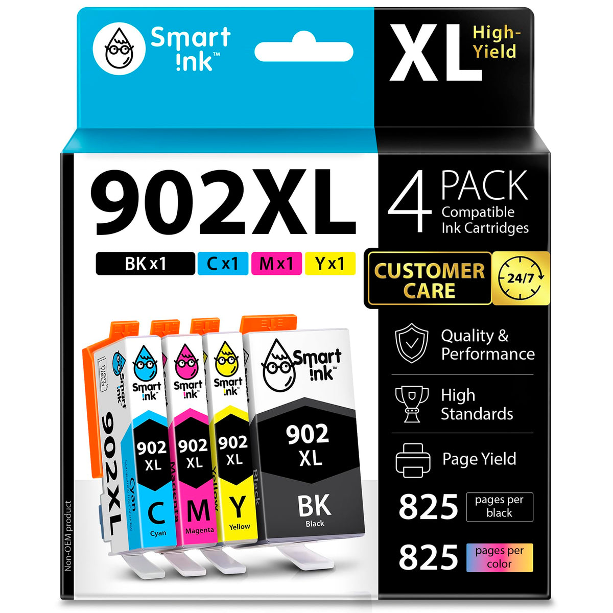 Smart Ink frente del paquete mostrando los cuatro cartuchos y ahorro