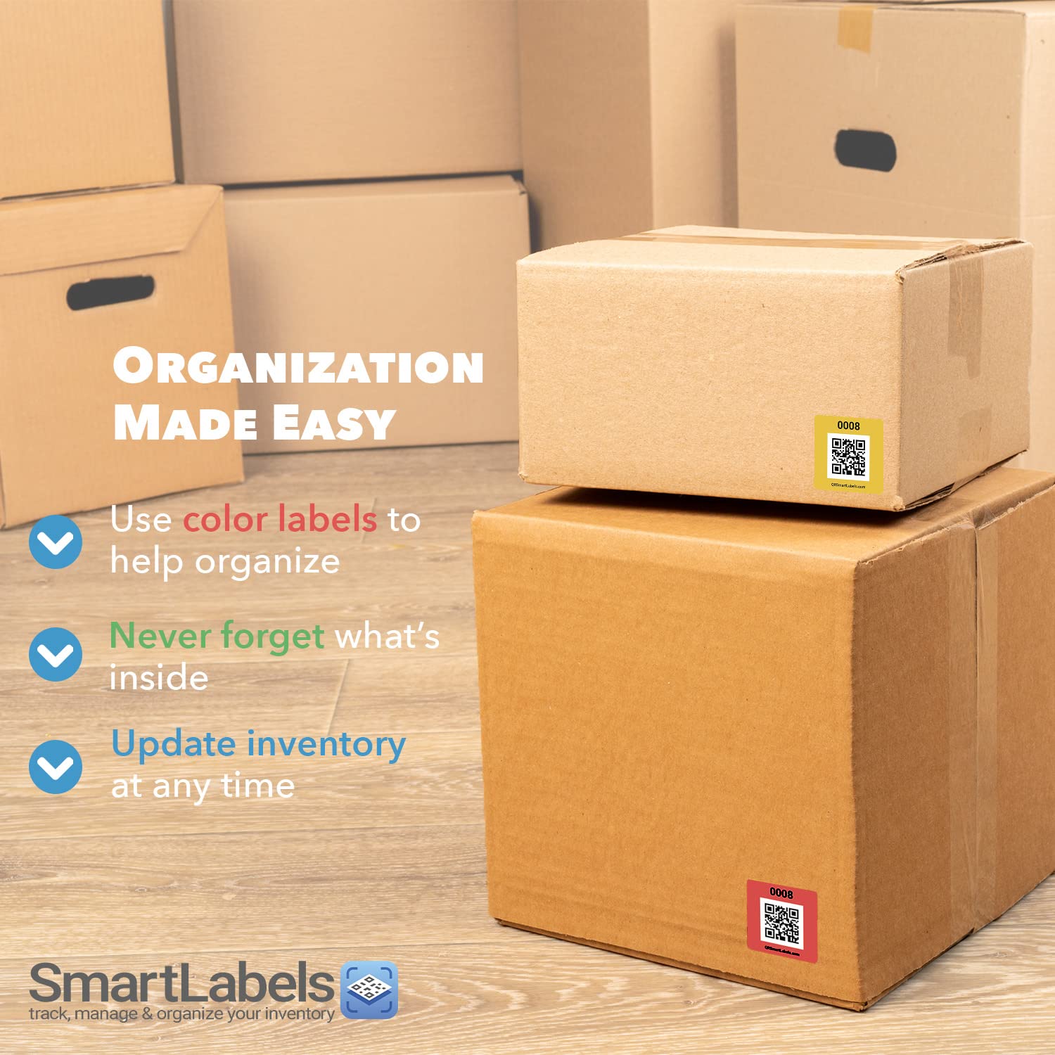 Smart Labels comparación de tamaño junto a una mano, tamaño práctico
