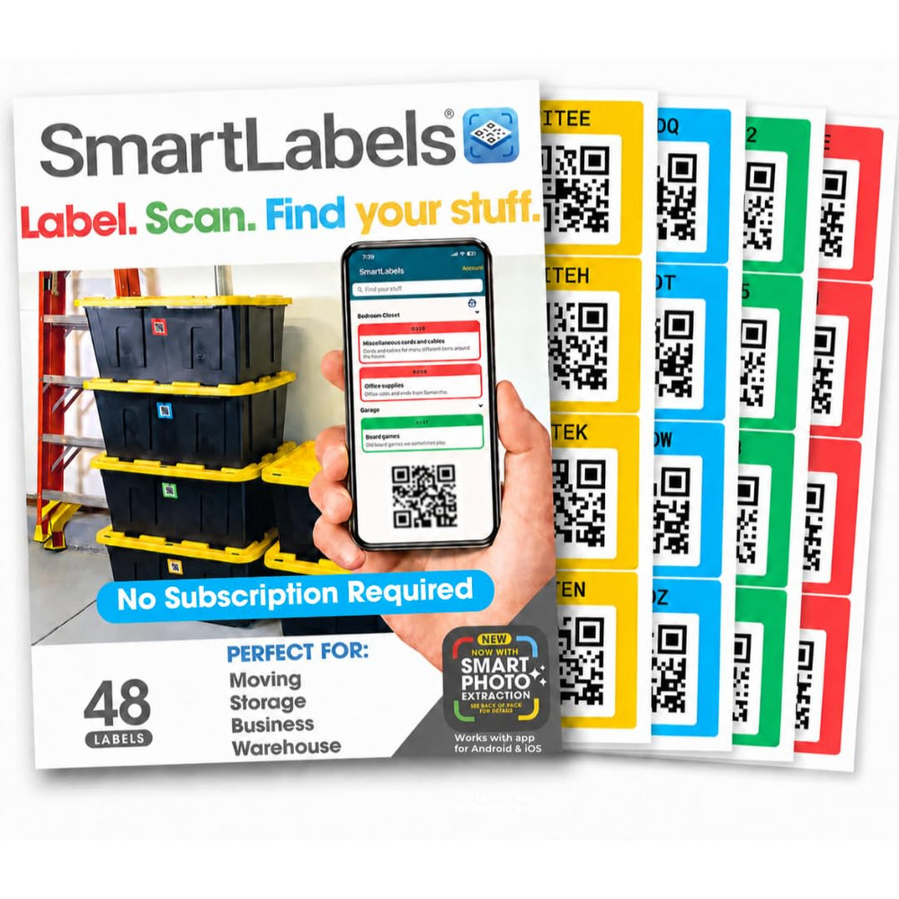 Smart Labels frontal del paquete mostrando 48 pegatinas, organiza rápido