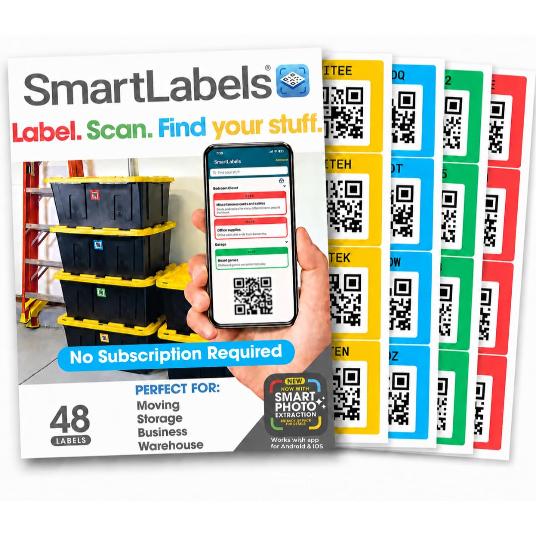 Smart Labels frontal del paquete mostrando 48 pegatinas, organiza rápido