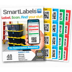 Smart Labels frontal del paquete mostrando 48 pegatinas, organiza rápido