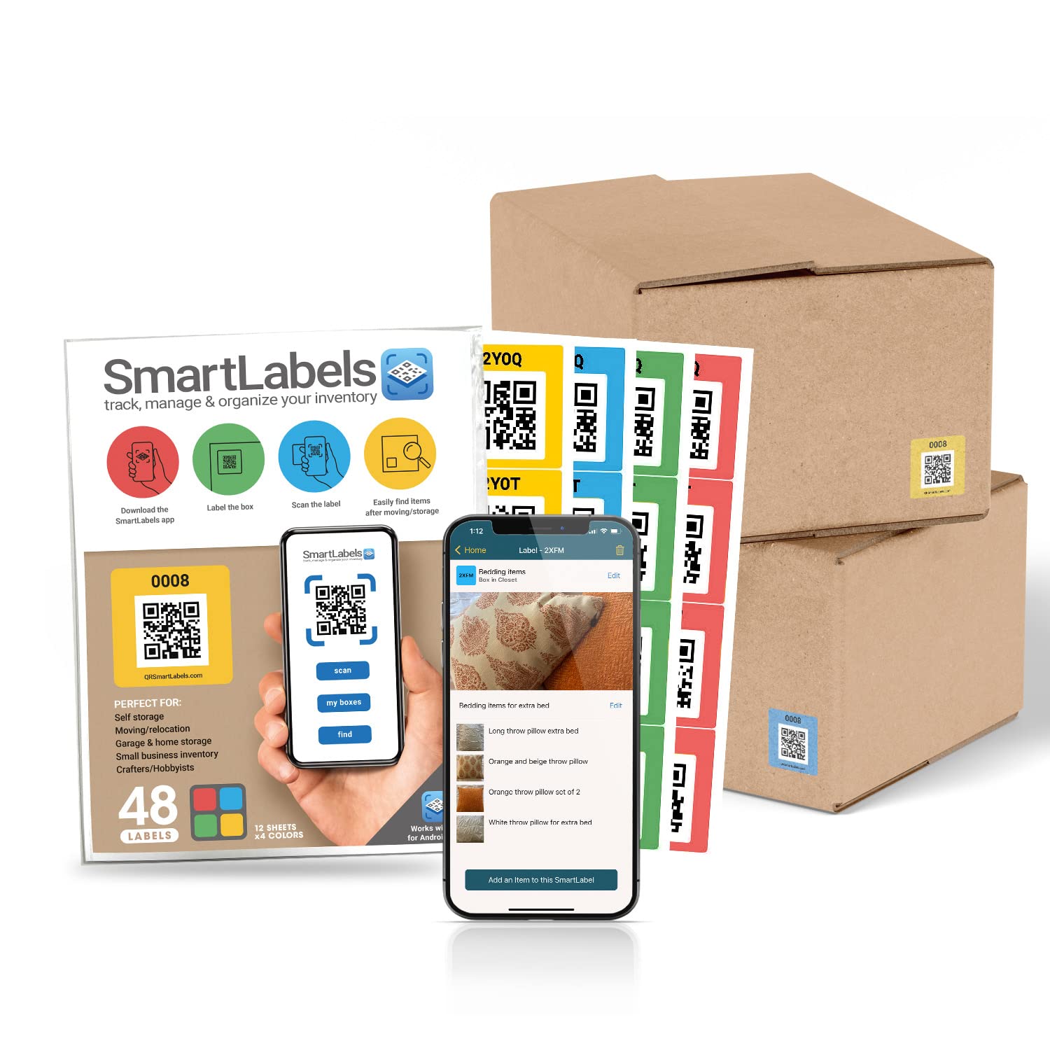 Smart Labels teléfono mostrando fichas de items generadas por IA, ahorra tiempo