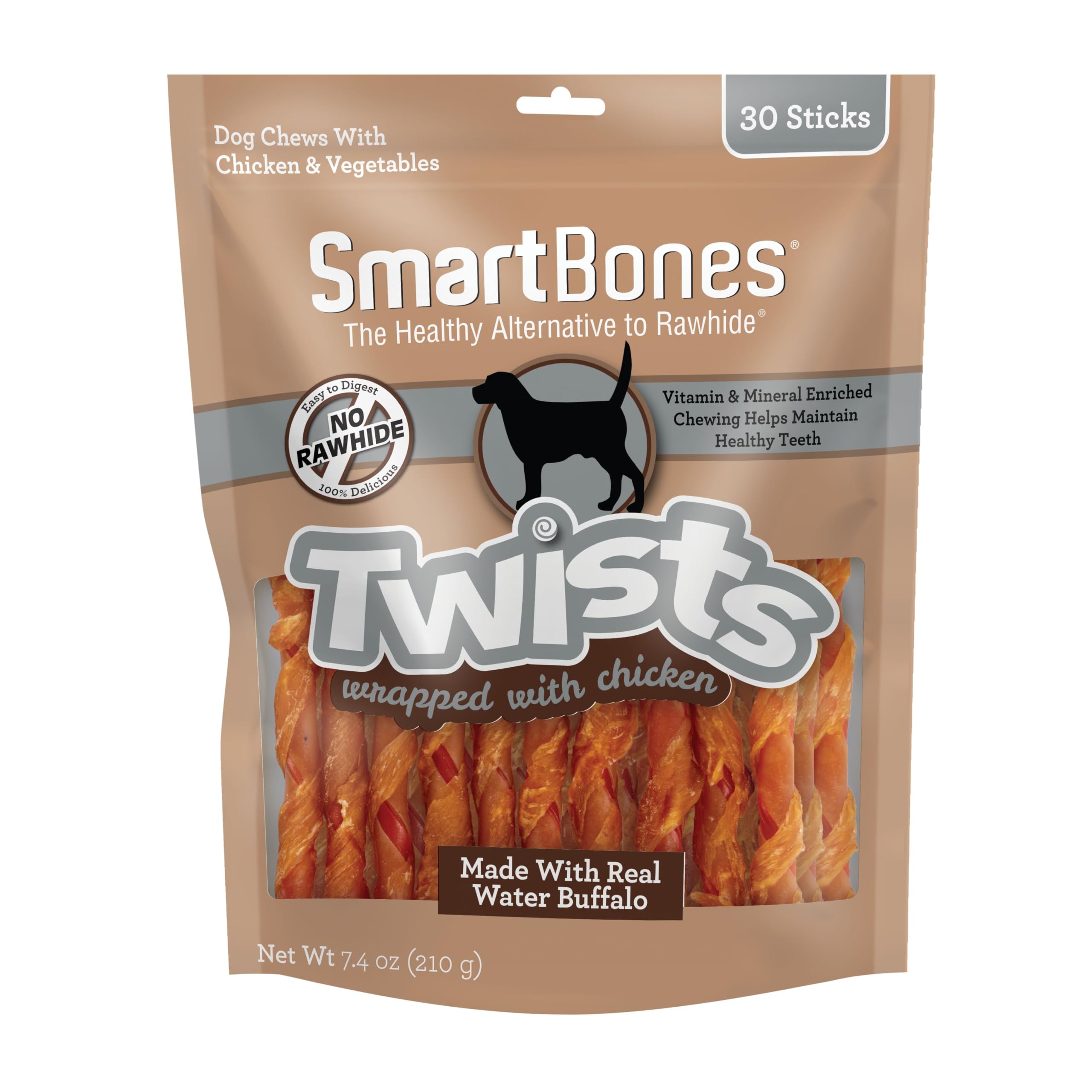 SmartBones envase frontal mostrando 30 palitos sin rawhide y beneficios nutritivos