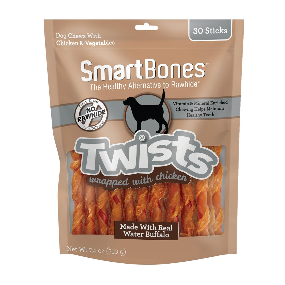 SmartBones envase frontal mostrando 30 palitos sin rawhide y beneficios nutritivos