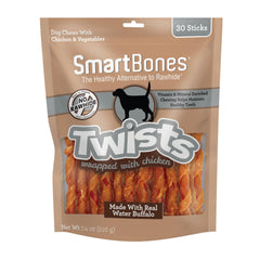 SmartBones envase frontal mostrando 30 palitos sin rawhide y beneficios nutritivos