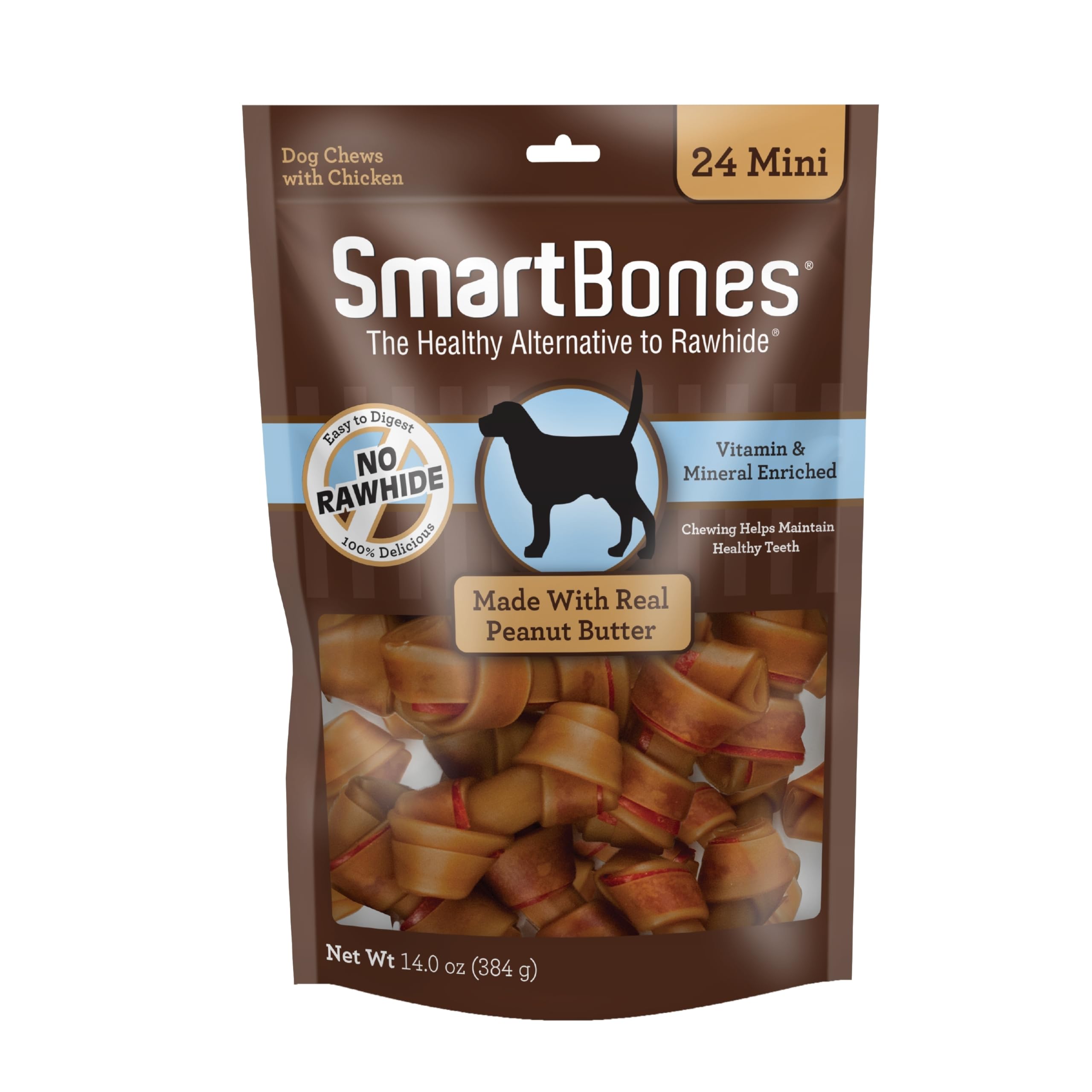 SmartBones Mini Bones empaque frontal mostrando 24 huesitos, facilita elección rápida
