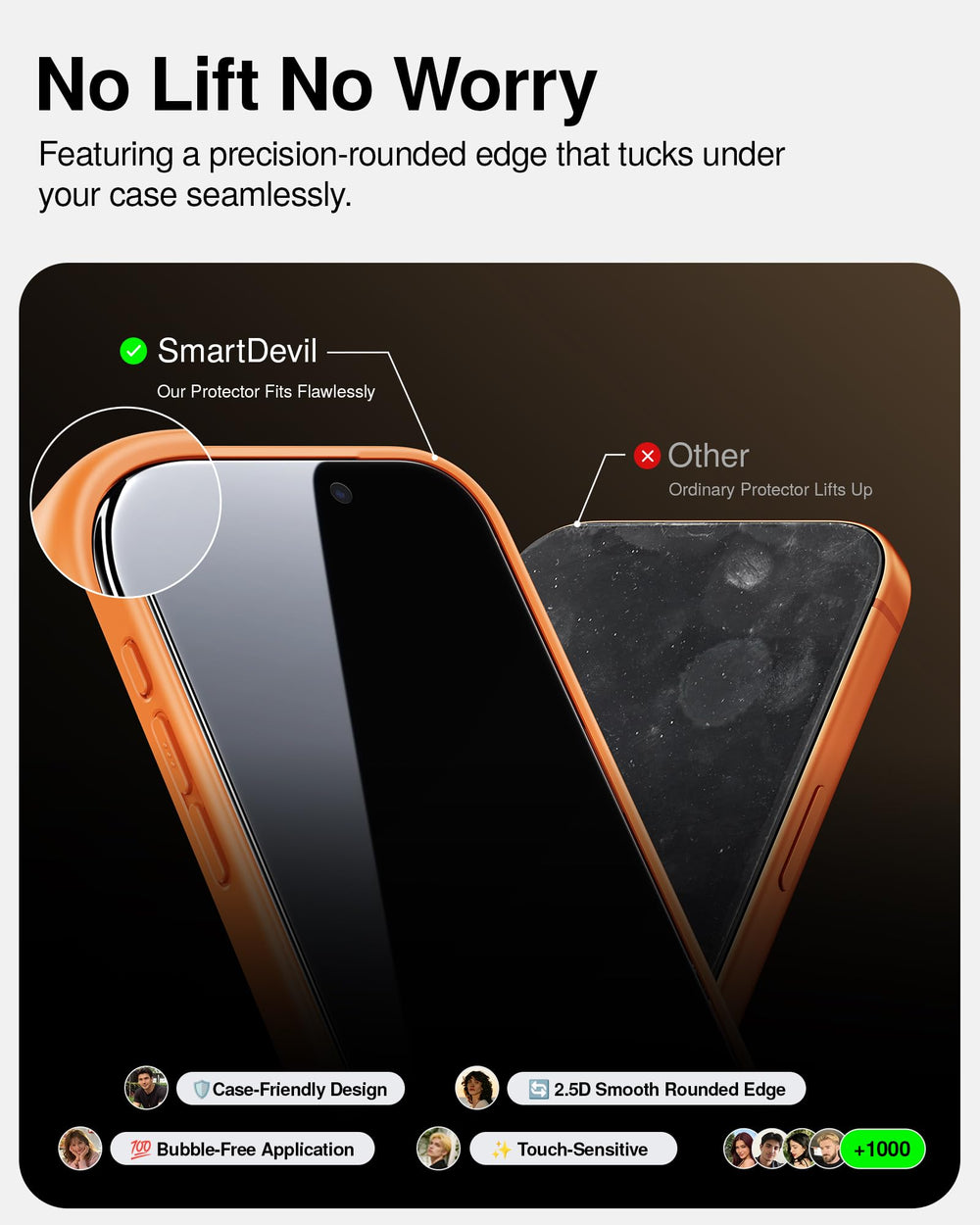 SMARTDEVIL protector en escala junto a iPhone 17 Pro mostrando cobertura edge-to-edge