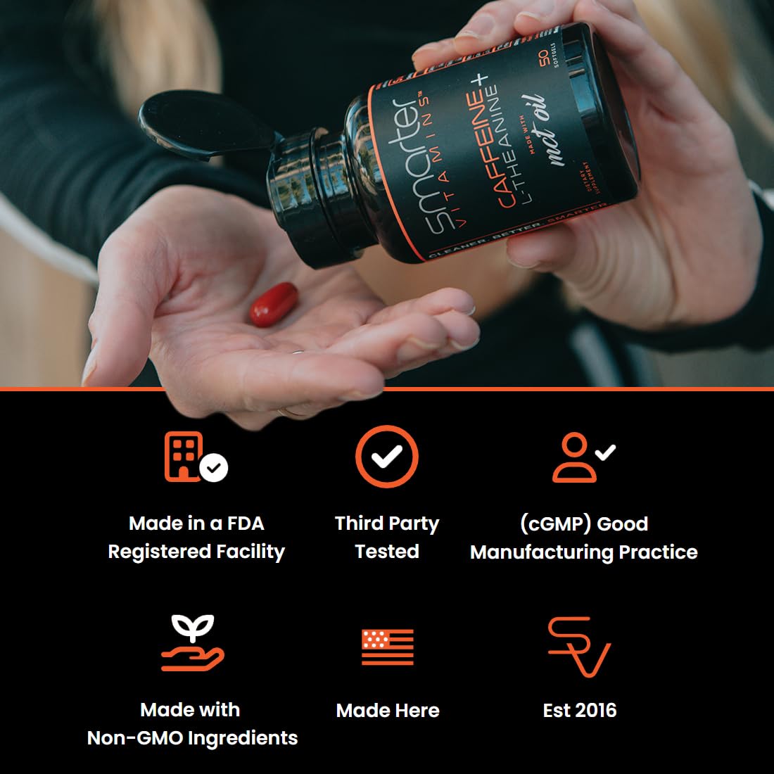SmarterVitamins etiqueta nutricional con ingredientes y pruebas de terceros visibles