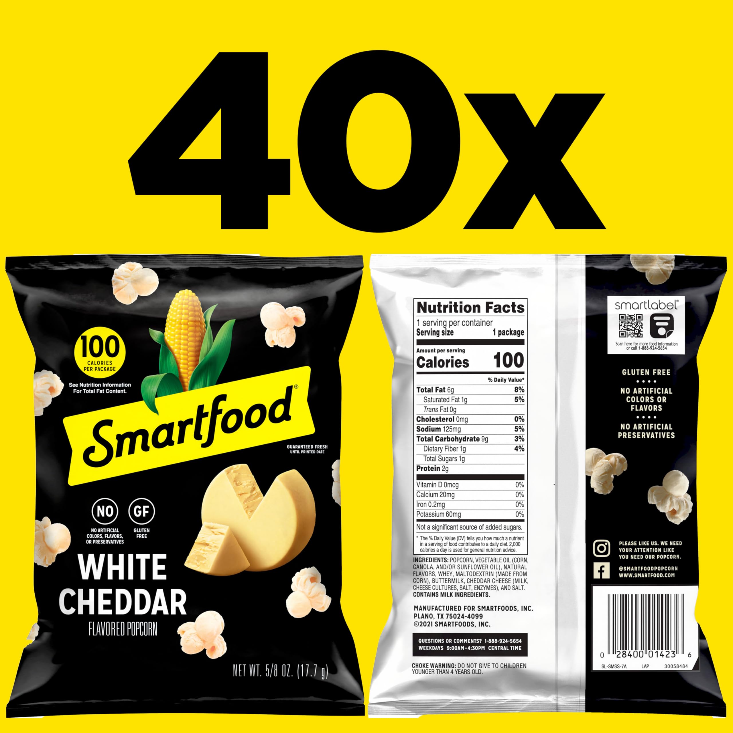 Smartfood open bag with popcorn spilling, showing convenient single-serve benefit