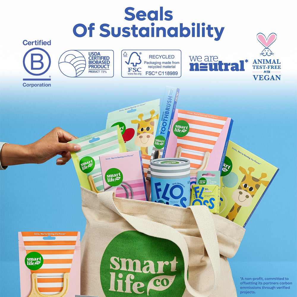 SmartLifeco escena familiar mostrando niños usando flossers y rutina dental fácil