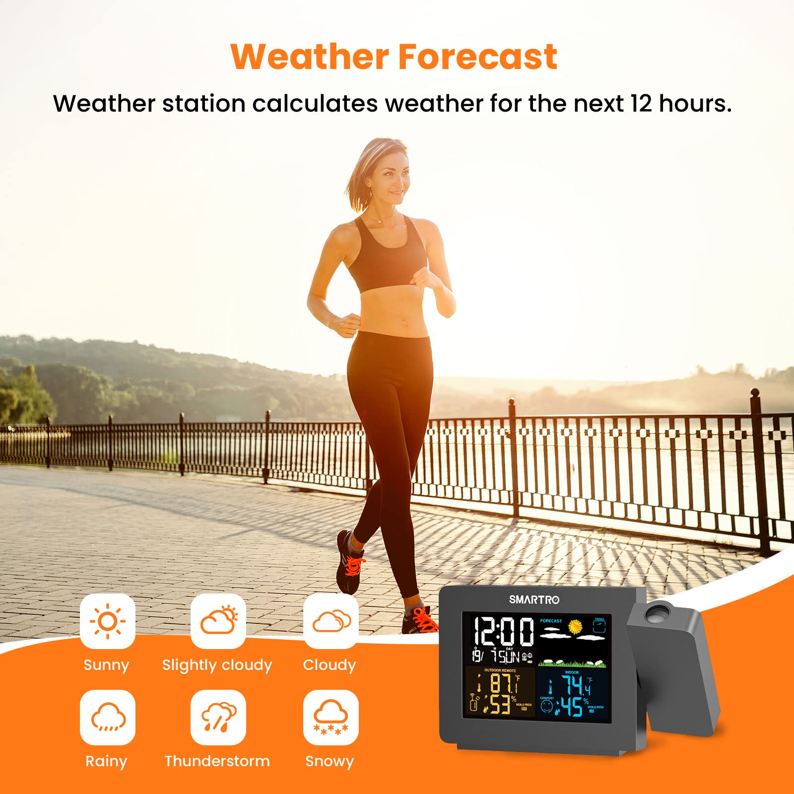 Detalle de la pantalla LCD SMARTRO SC91 con iconos de clima y números grandes