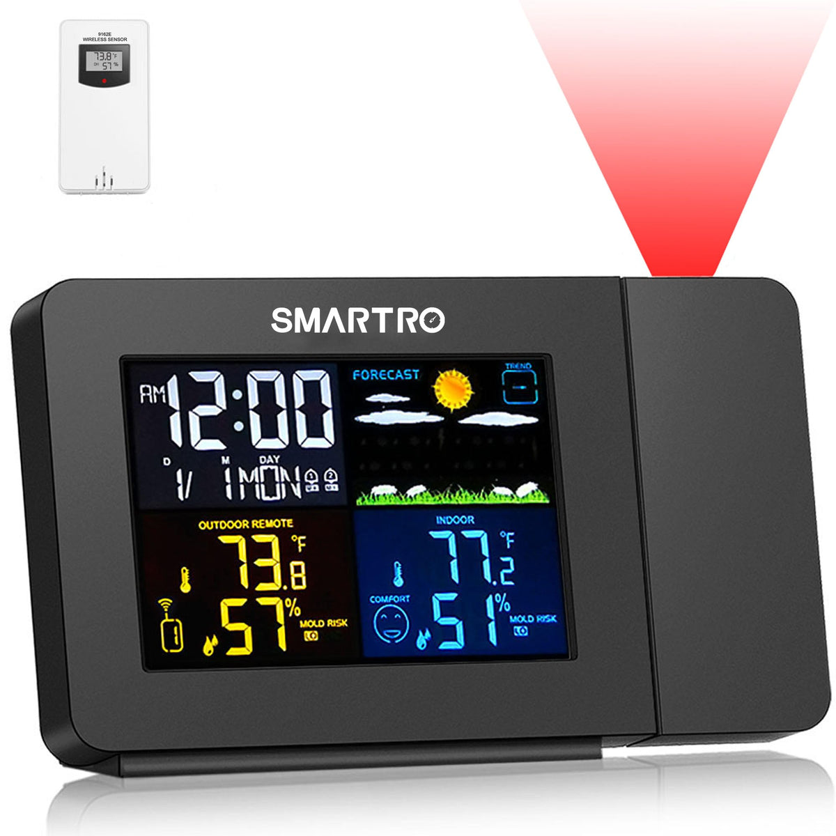 SMARTRO SC91 frontal mostrando hora grande y datos ambientales, lectura rápida