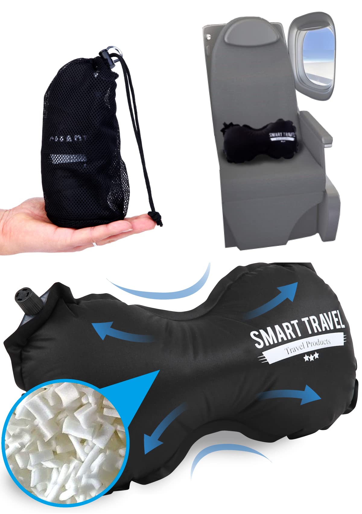 SmartTravel almohada lumbar empacada mostrando diseño compacto y facilidad de transporte