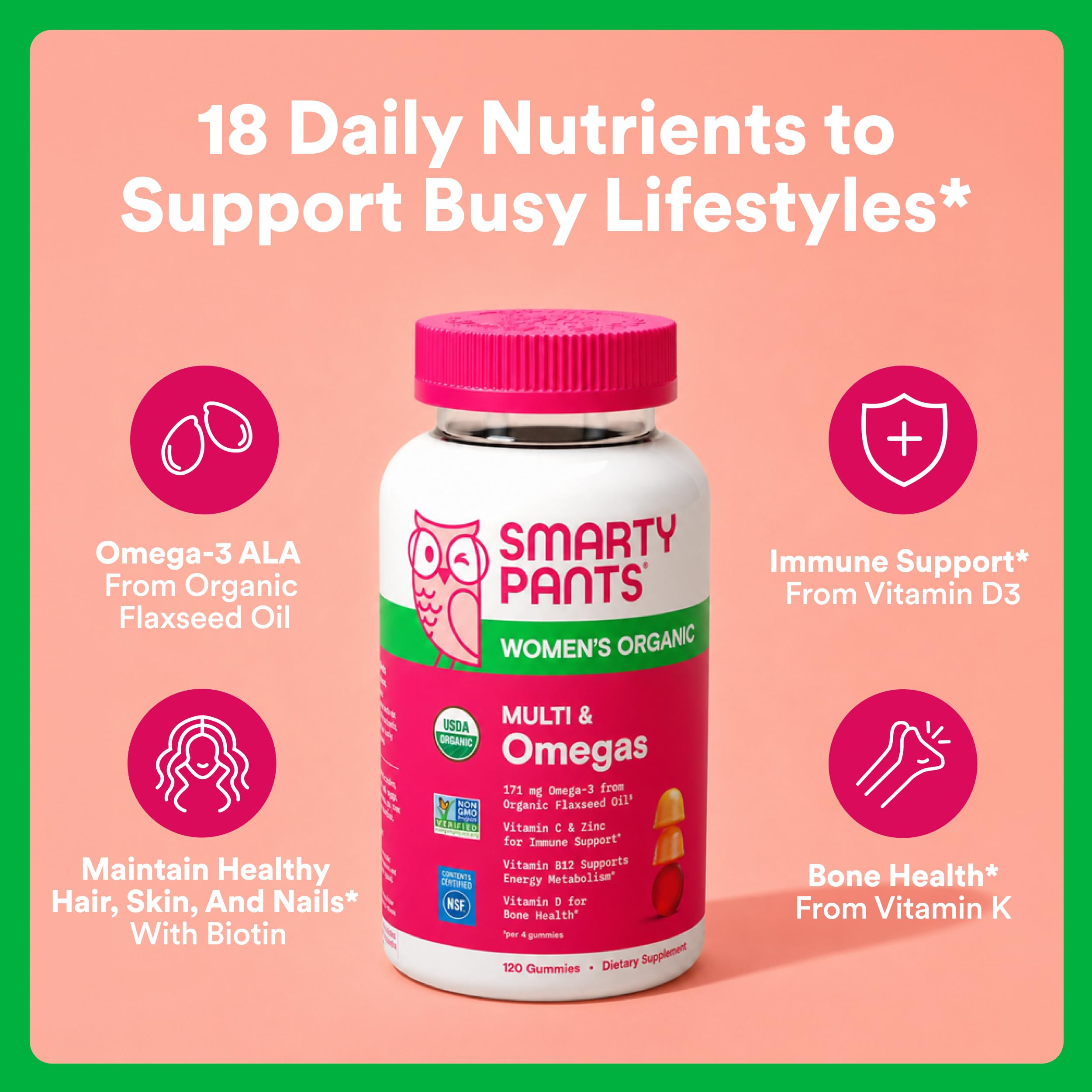 SmartyPants etiqueta con información de nutrientes y certificaciones