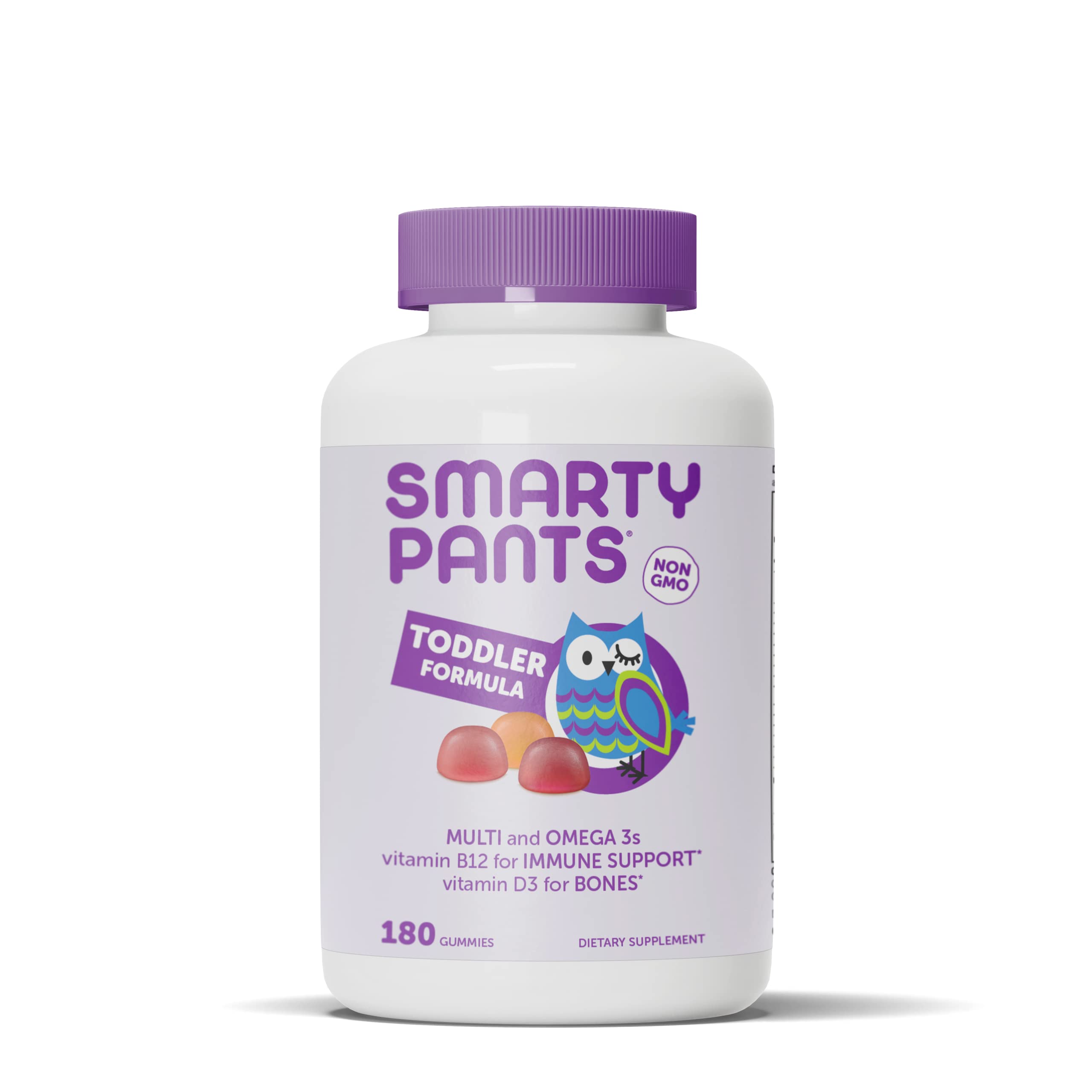 SmartyPants vista frontal del envase que muestra 180 gomitas y beneficios clave