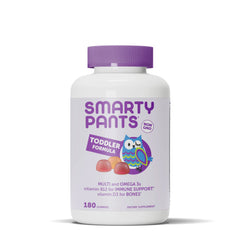 SmartyPants vista frontal del envase que muestra 180 gomitas y beneficios clave