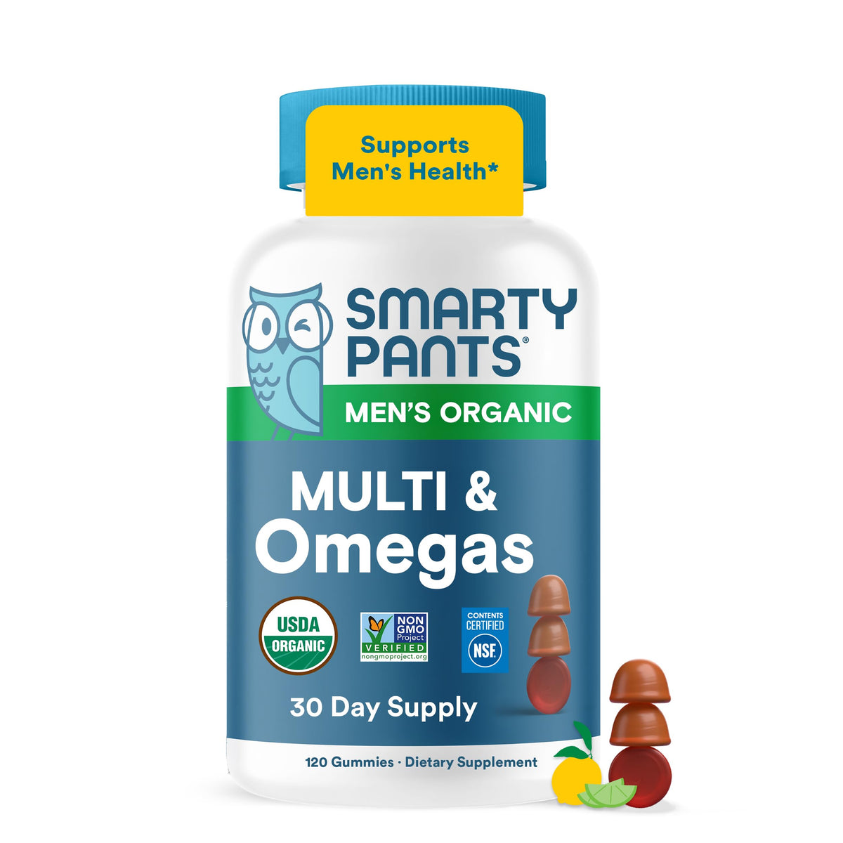 SmartyPants frontal del empaque mostrando 120 gominolas y beneficios clave