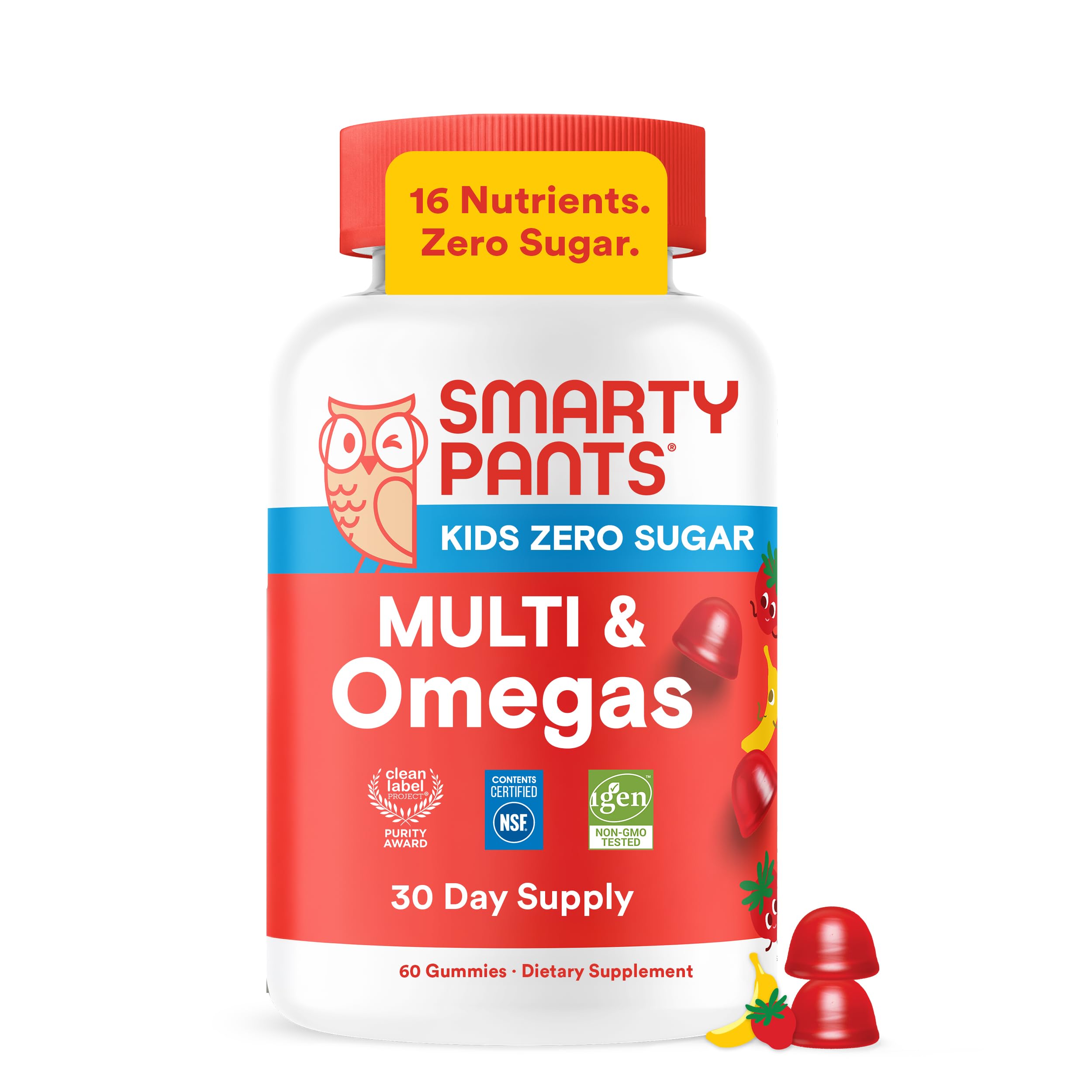 SmartyPants frontal del envase, sabor fresa banana y presentación atractiva
