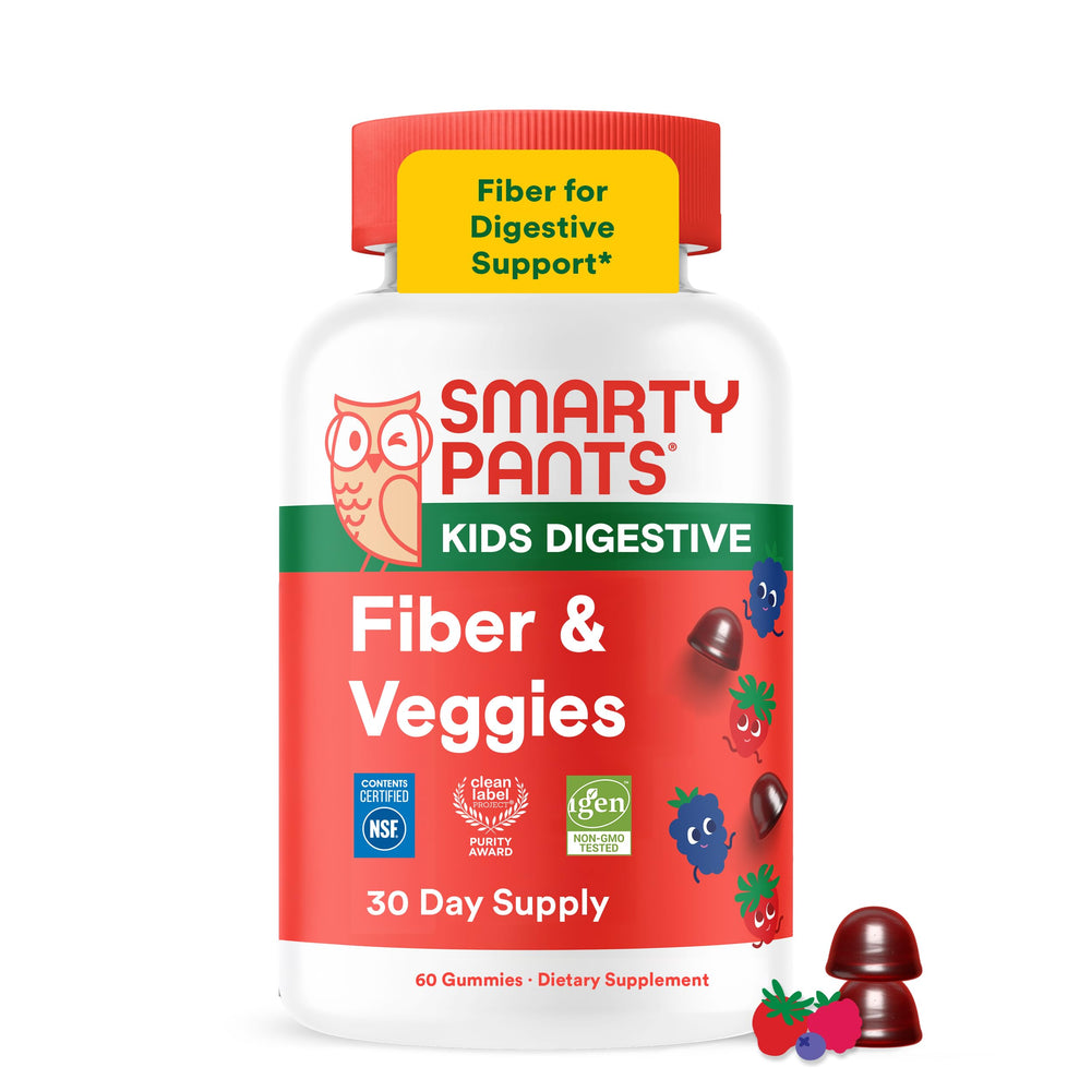 SmartyPants envase frontal mostrando gomitas y beneficios de fibra