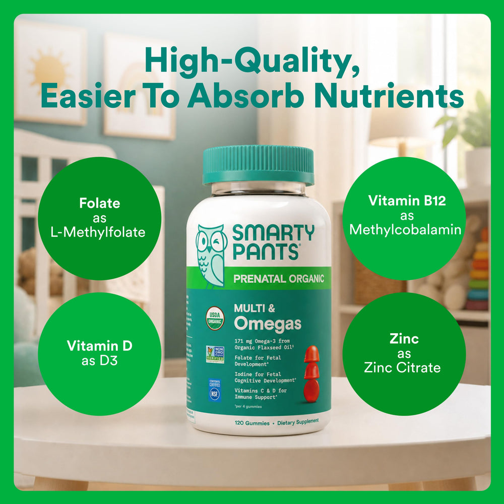 SmartyPants ingredientes orgánicos con semillas de lino destacando omega-3