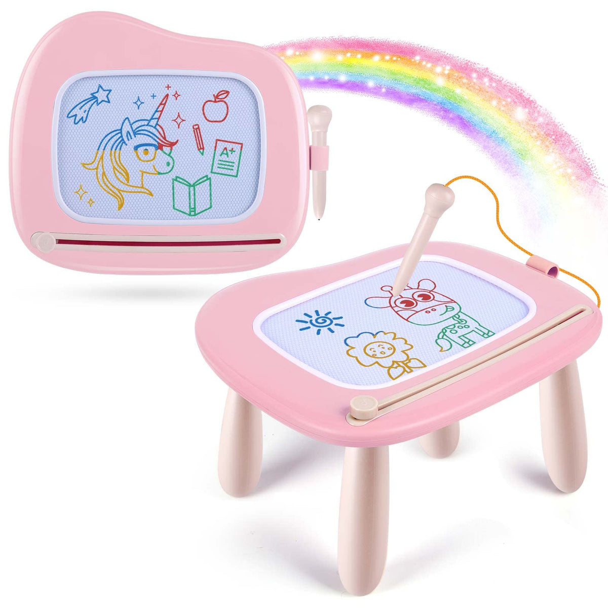 Smasiagon front view of pink doodle board shows colorful drawing area and benefits portability