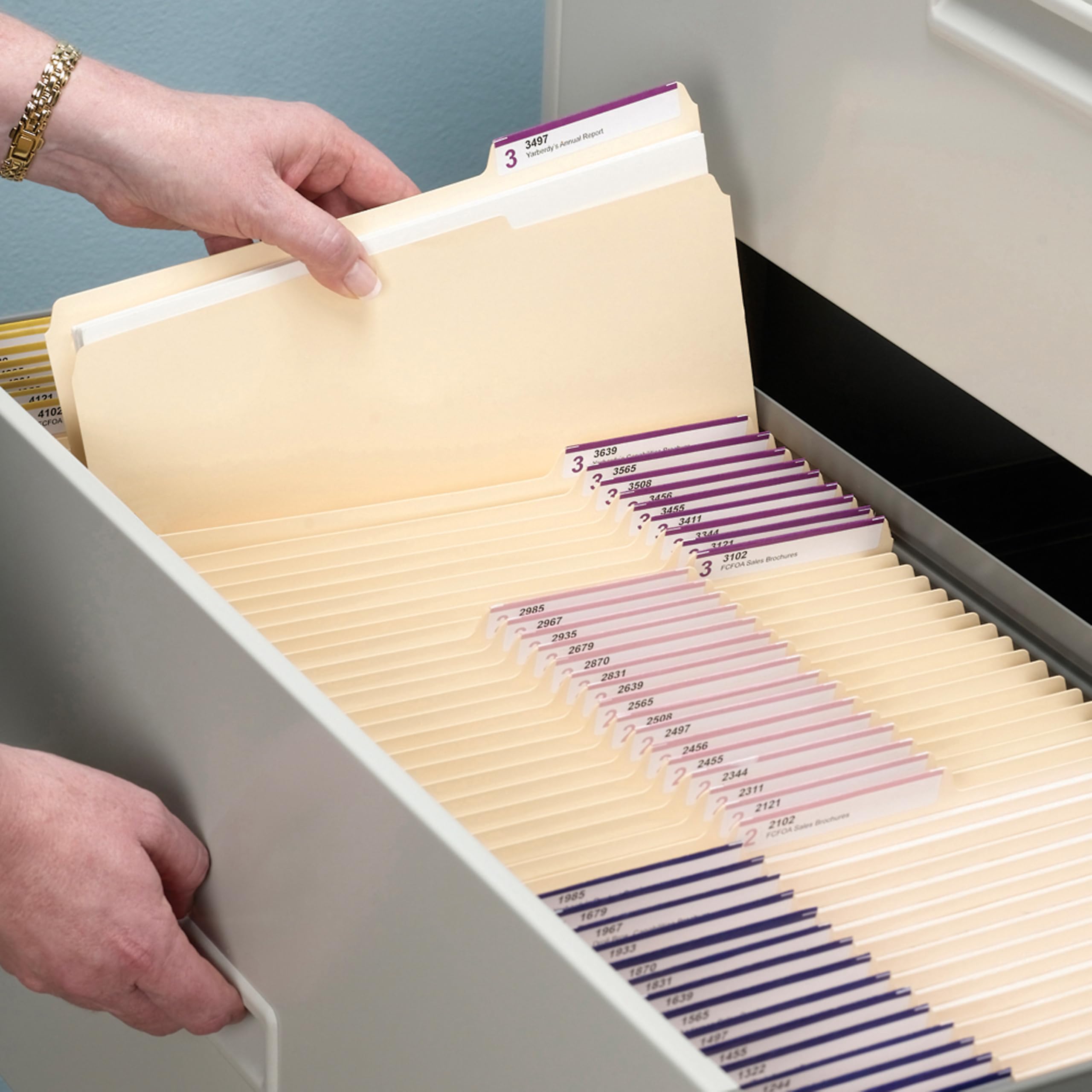 SMEAD close-up of 1/3-cut tabs in assorted positions for easy labeling