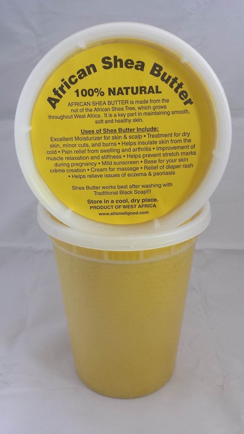 SmellGood envase frontal de manteca de karité 32 oz mostrando etiqueta clara y origen