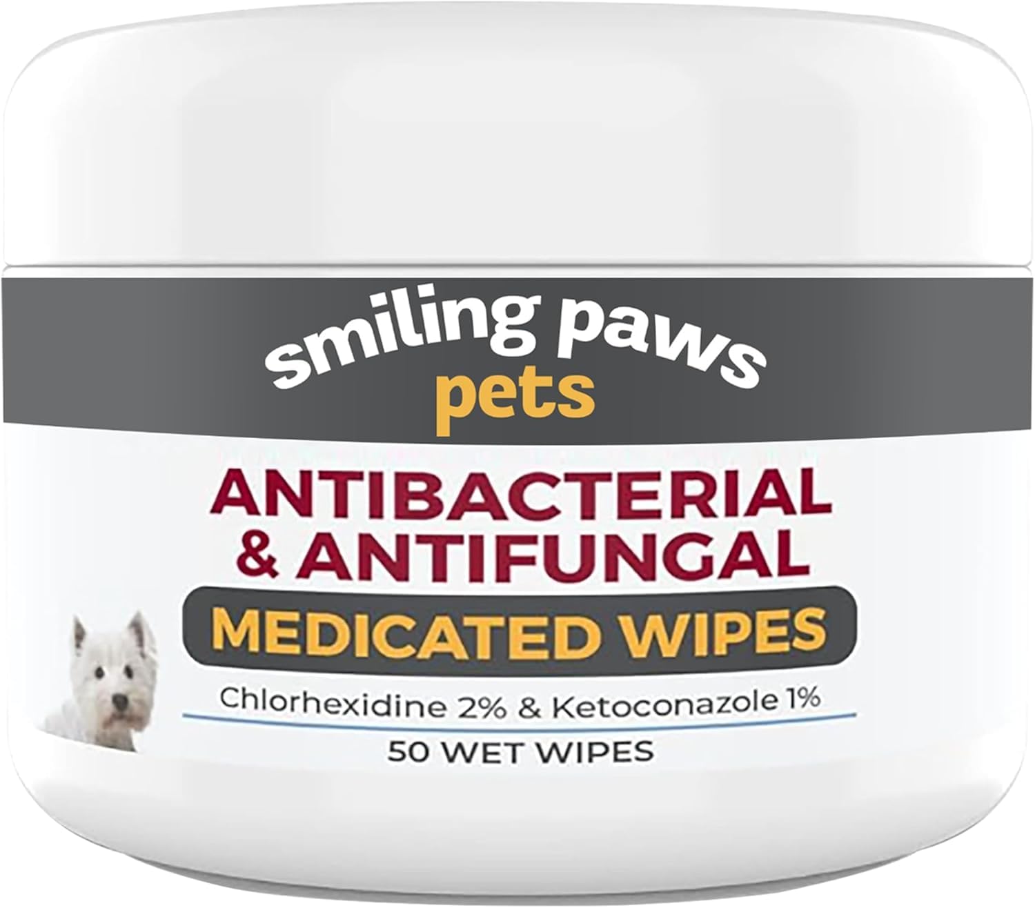 Smiling Paws paquete frontal mostrando 50 toallitas, limpieza rápida