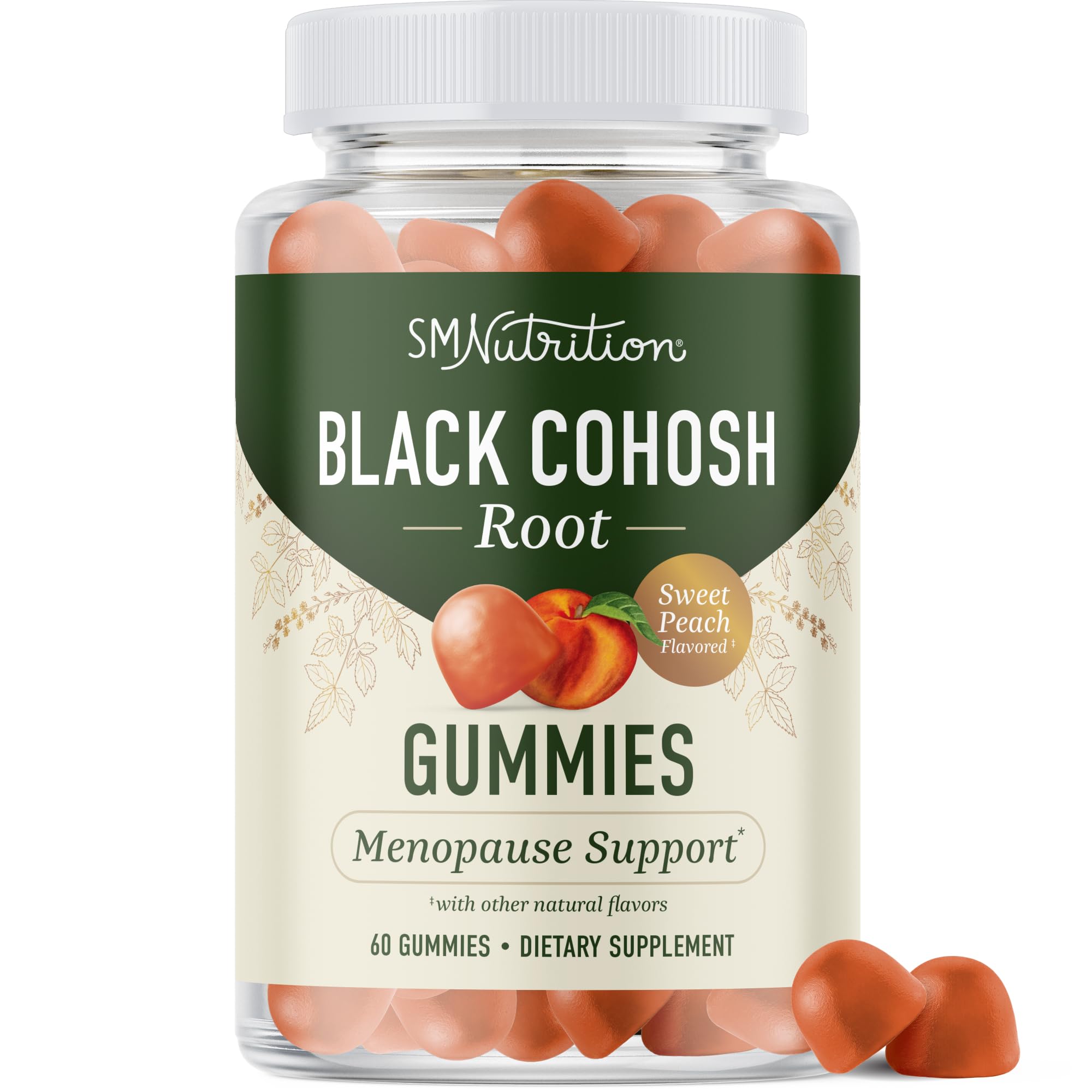 SMNutrition frasco frontal de Black Cohosh Gummies mostrando la etiqueta y beneficio