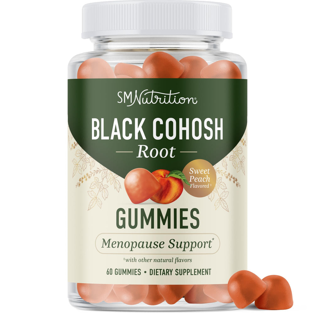 SMNutrition frasco frontal de Black Cohosh Gummies mostrando la etiqueta y beneficio