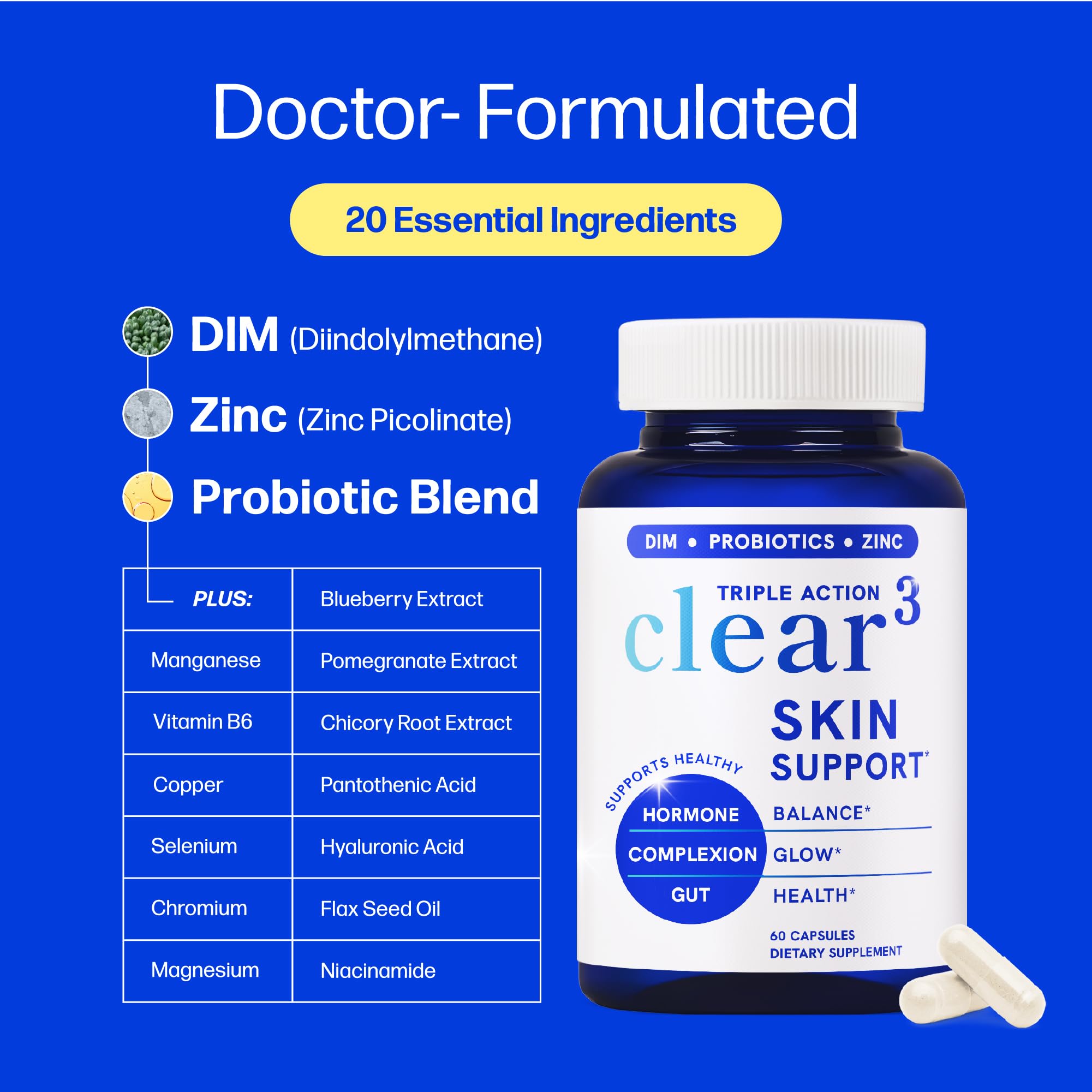 SMNutrition collage de ingredientes clave como DIM, zinc y probióticos beneficiosos