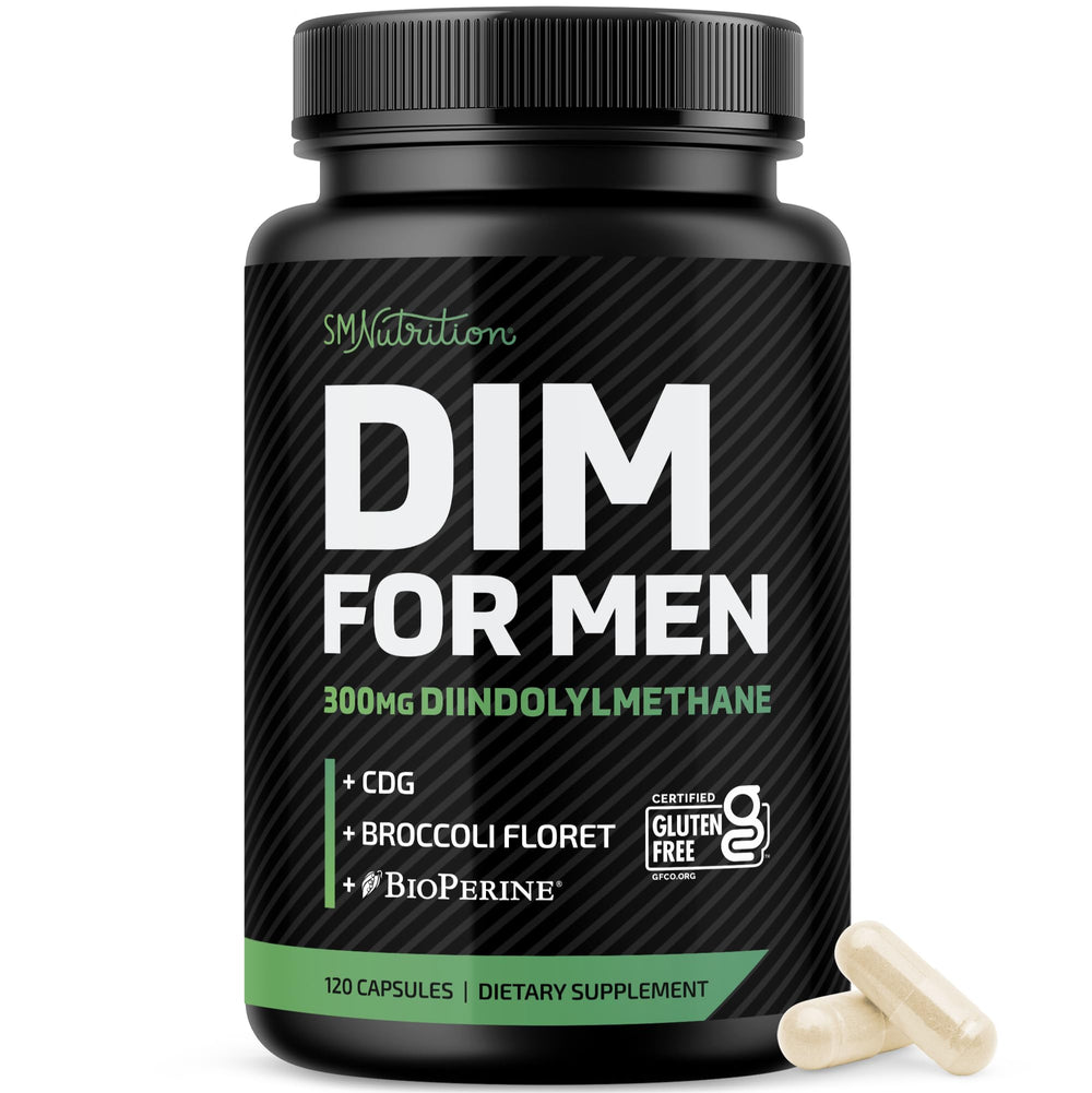 SMNutrition bottle front label showing DIM 300mg and 120-count benefits