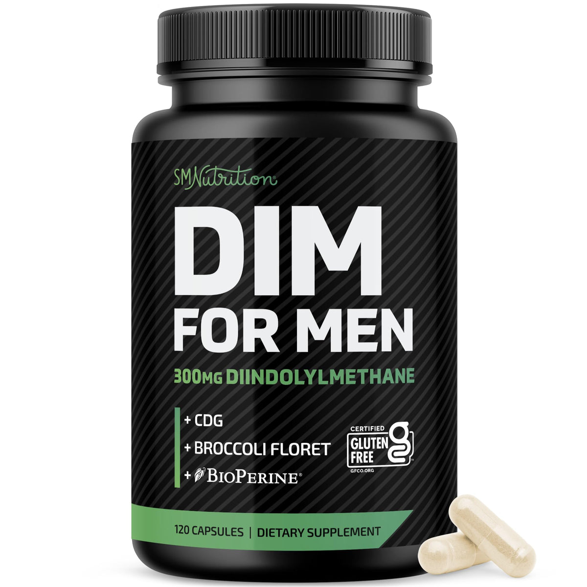 SMNutrition bottle front label showing DIM 300mg and 120-count benefits