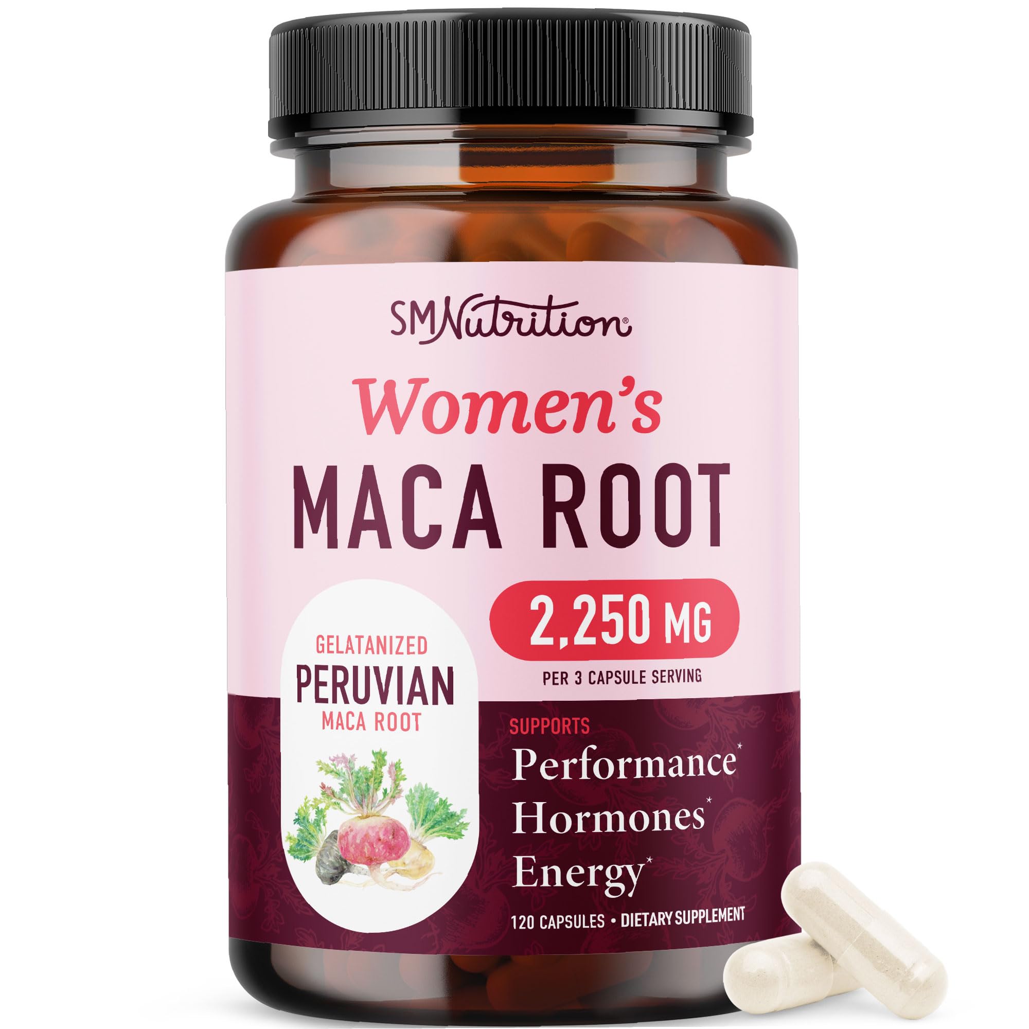 SMNutrition frasco frontal de maca para mujeres mostrando etiqueta y beneficios