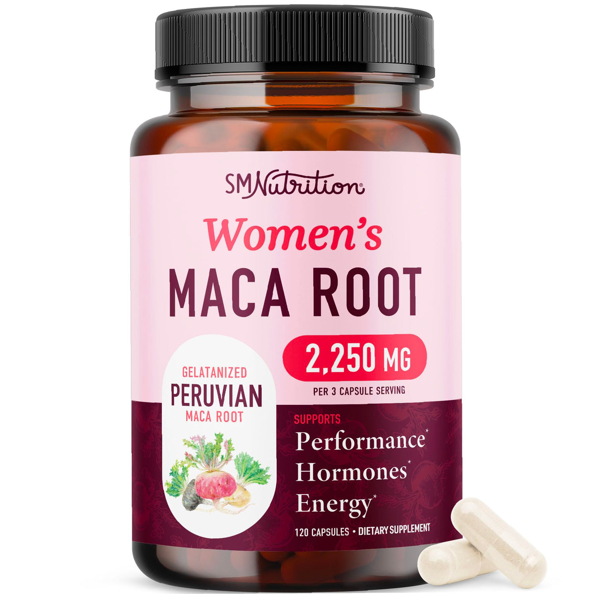 SMNutrition frasco frontal de maca para mujeres mostrando etiqueta y beneficios