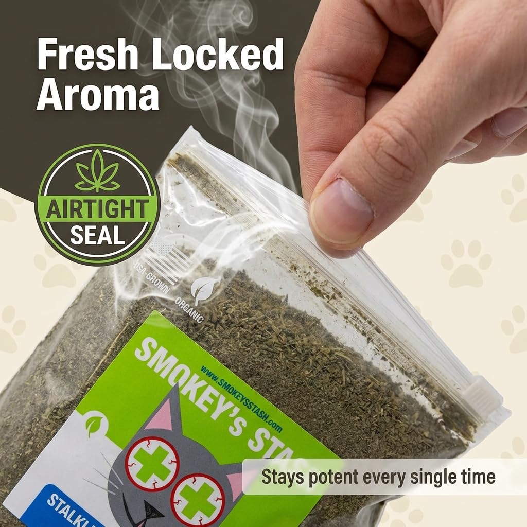 Smokey's Stash bolsa de 12 oz junto a mano para comparar tamaño y cantidad