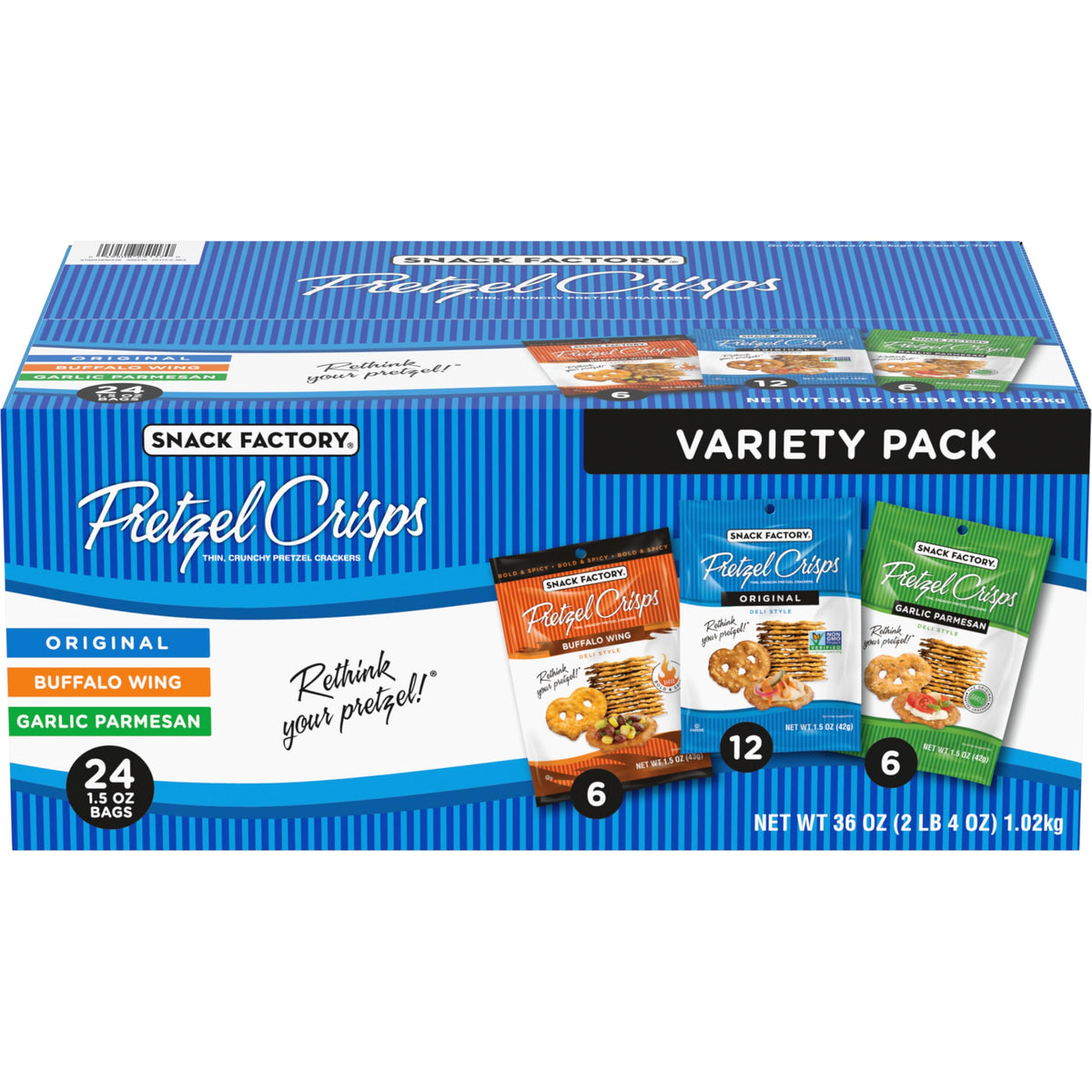 Snack Factory caja frontal mostrando los 24 sobres, conveniencia inmediata