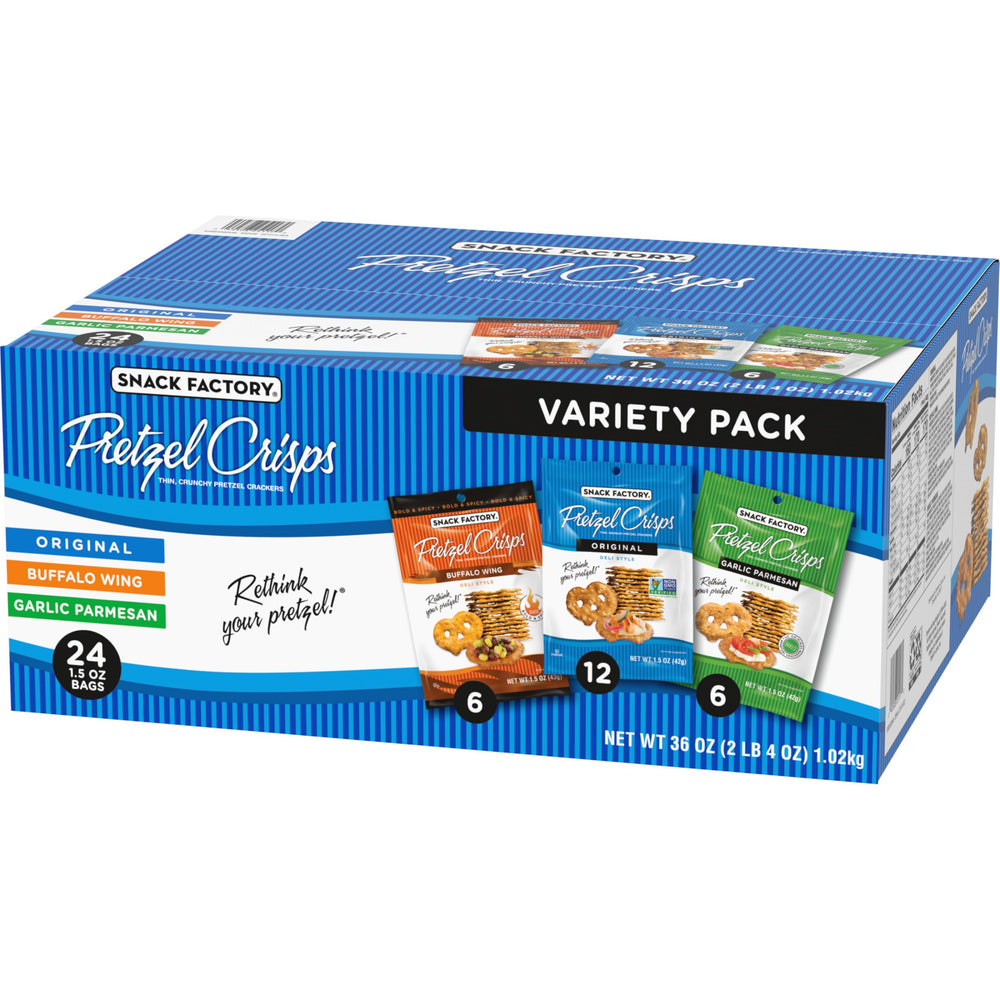 Snack Factory bandeja con Pretzel Crisps en reunión, opción para compartir
