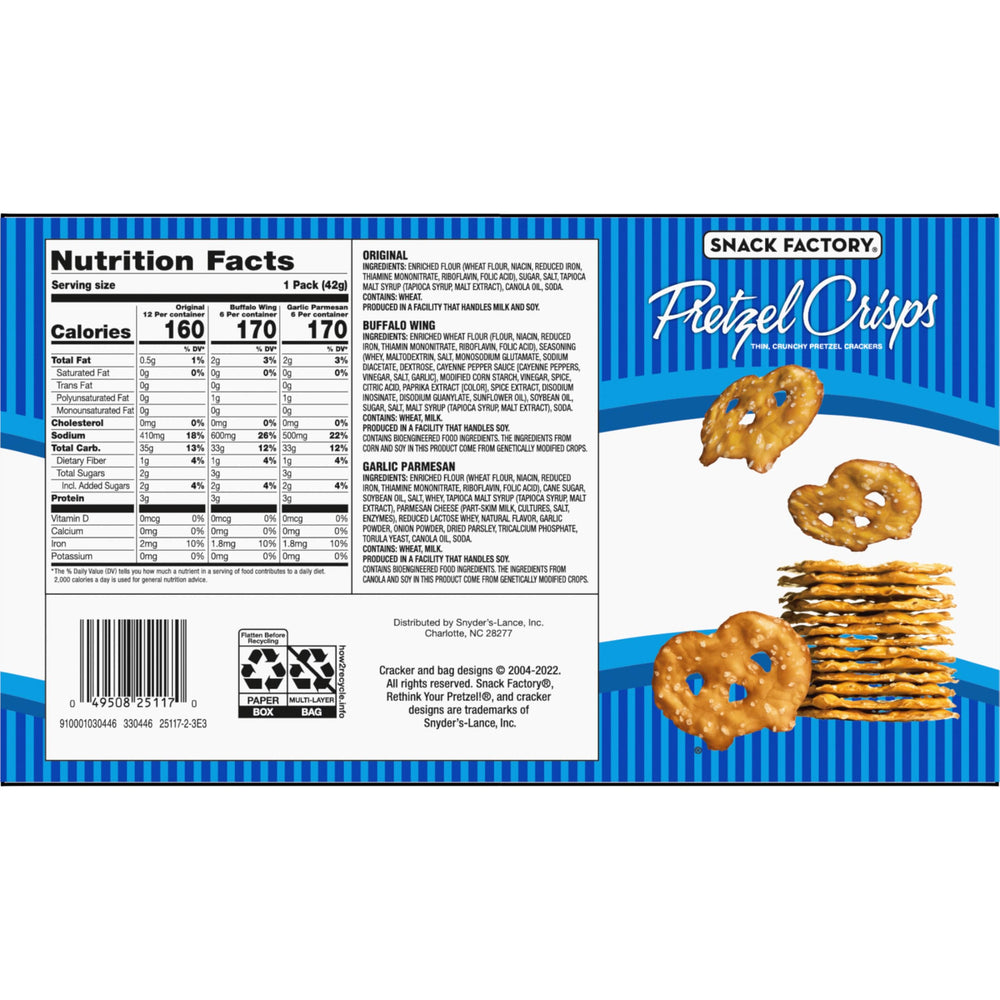 Snack Factory variedad de sobres extendidos mostrando Original, Buffalo y Garlic Parmesan