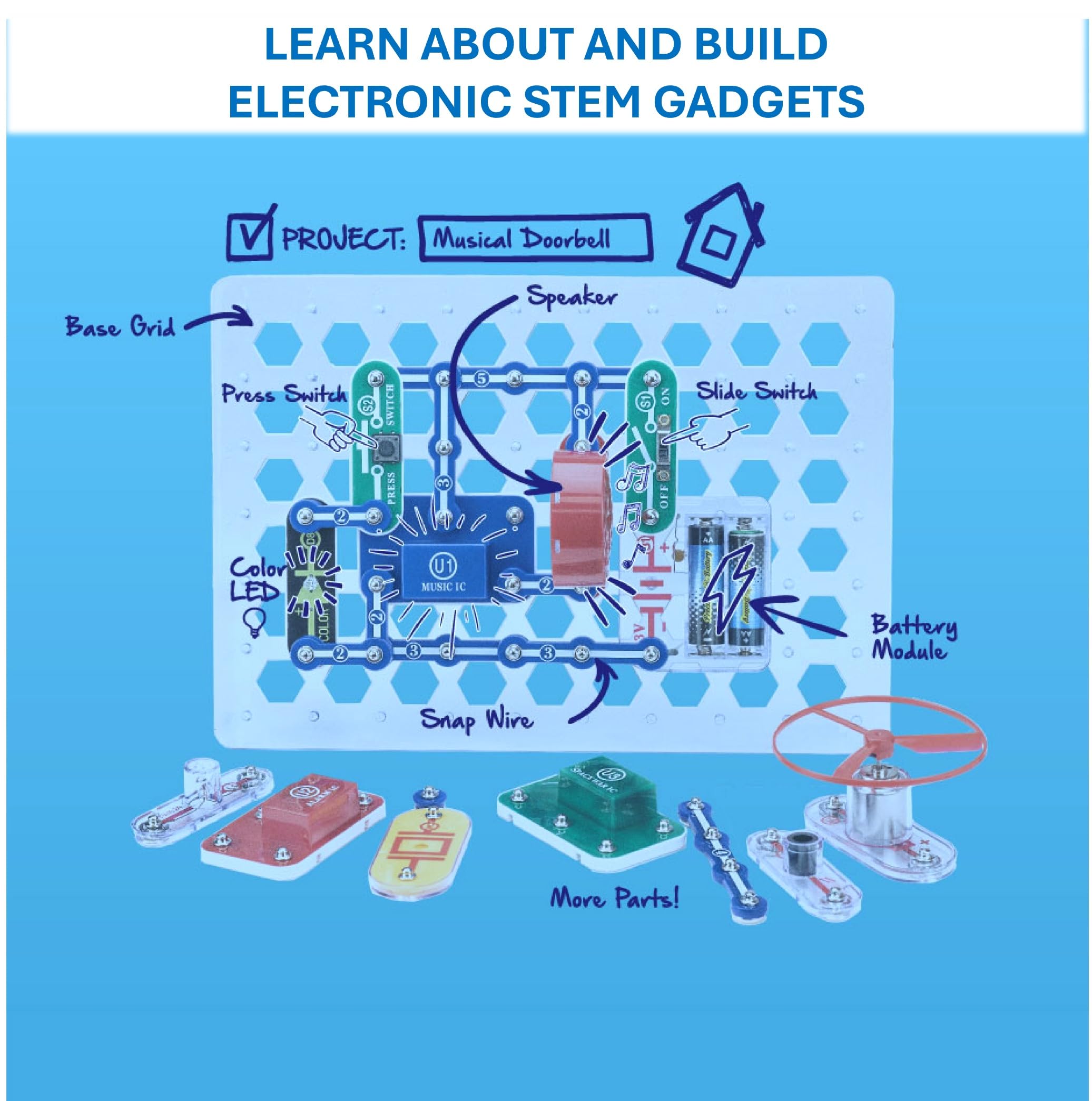 Snap Circuits detalle de circuito integrado mostrando conectividad segura sin soldadura