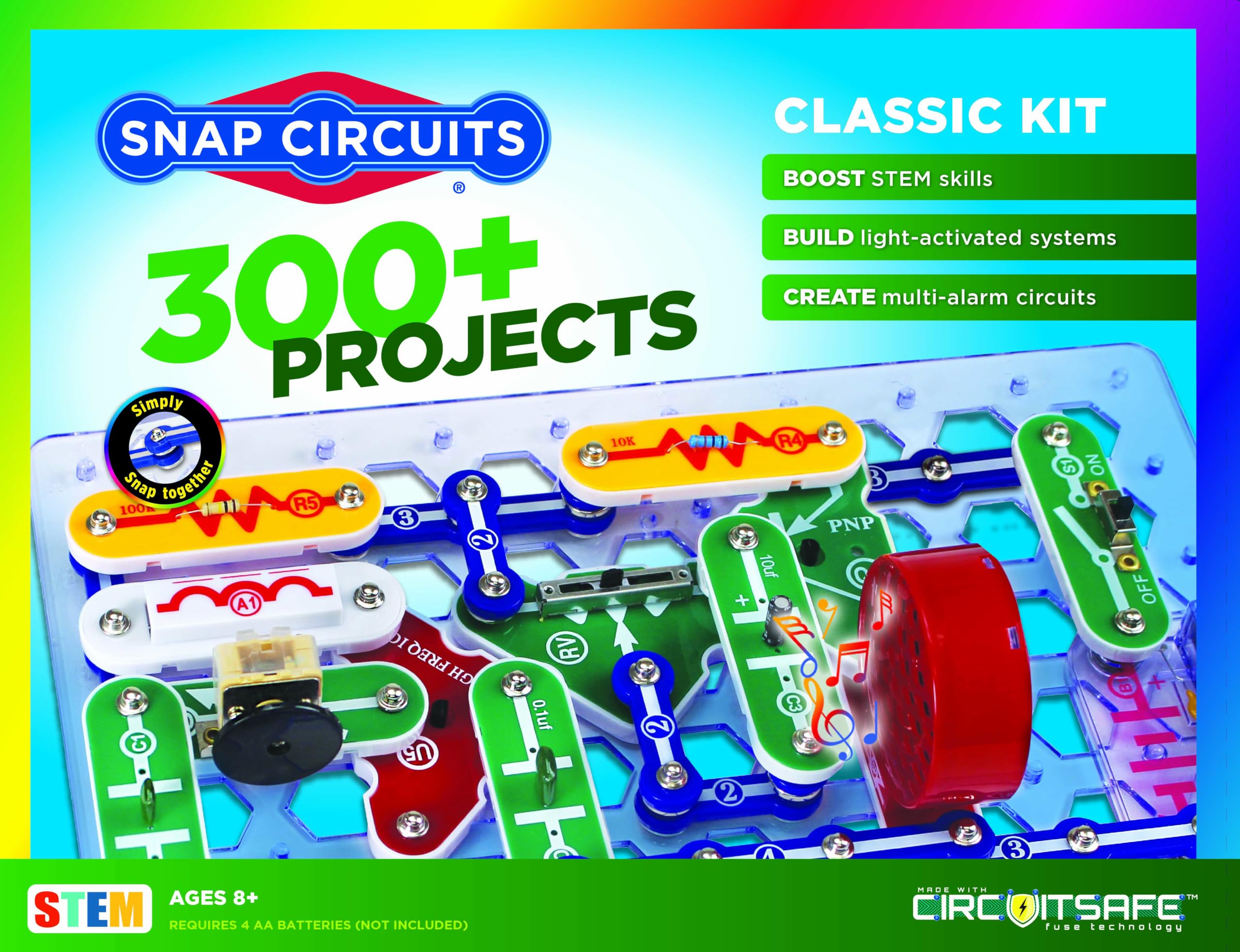 Snap Circuits caja frontal mostrando el kit y beneficio educativo