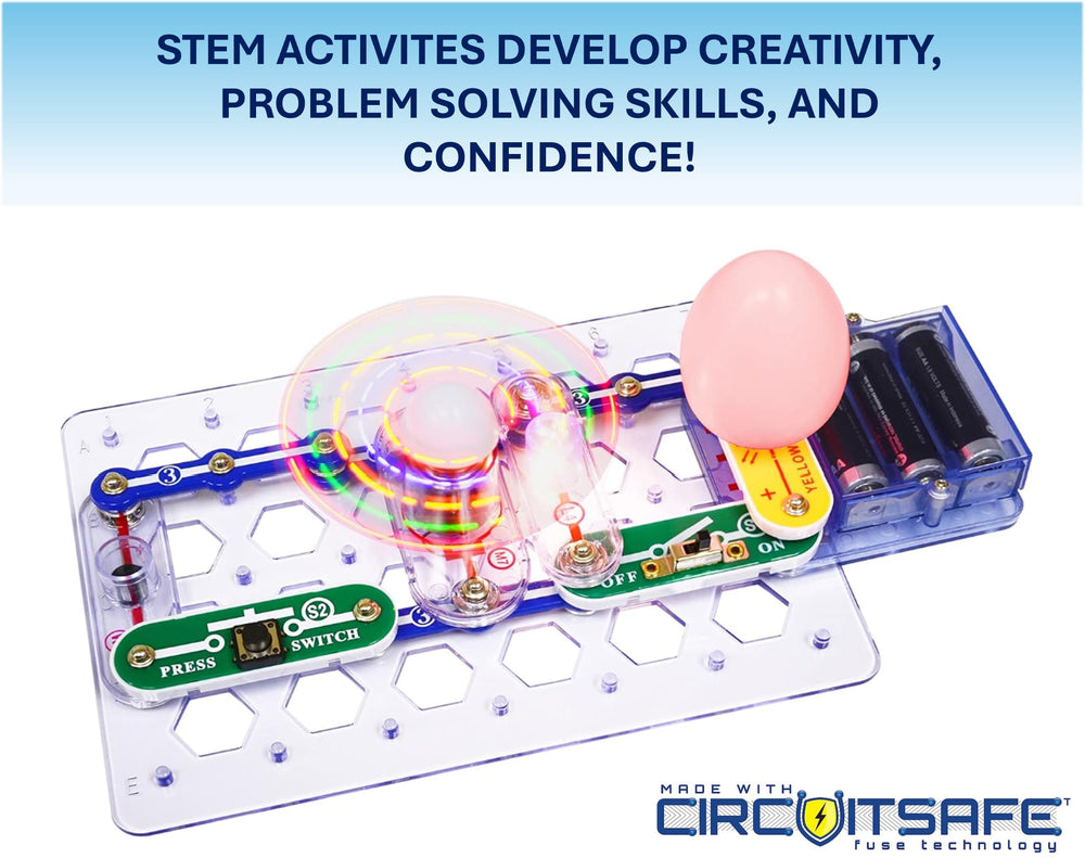 Snap Circuits ventilador con luz que cambia color demostrando un proyecto