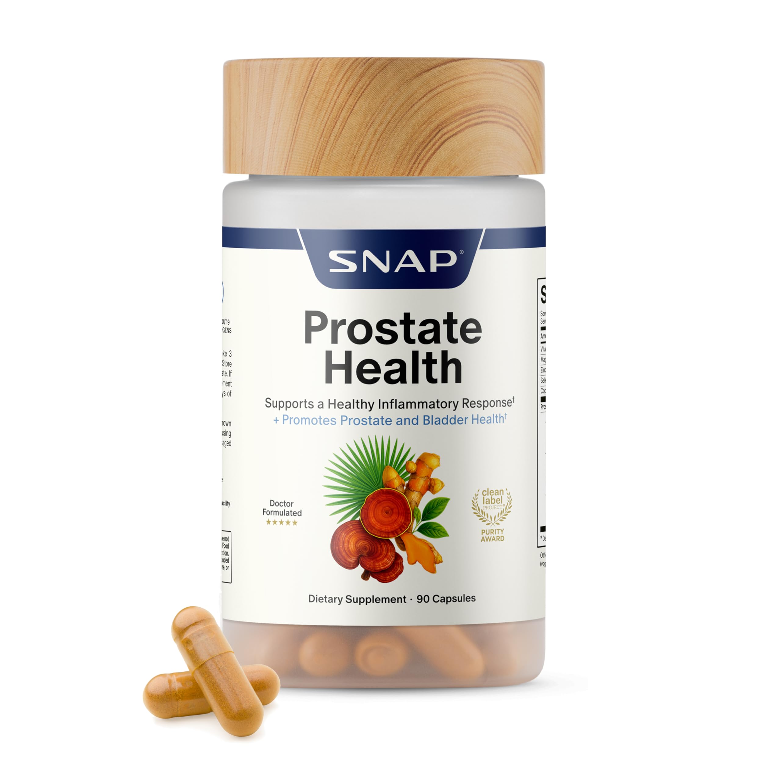 Frasco frontal de Snap Supplements mostrando 90 cápsulas y beneficios visibles
