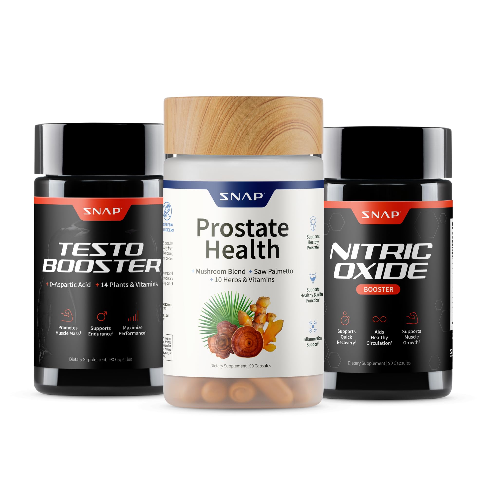 Snap Supplements vista frontal del paquete mostrando los tres frascos y beneficios