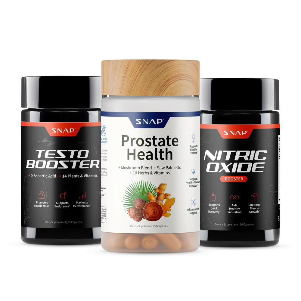 Snap Supplements vista frontal del paquete mostrando los tres frascos y beneficios